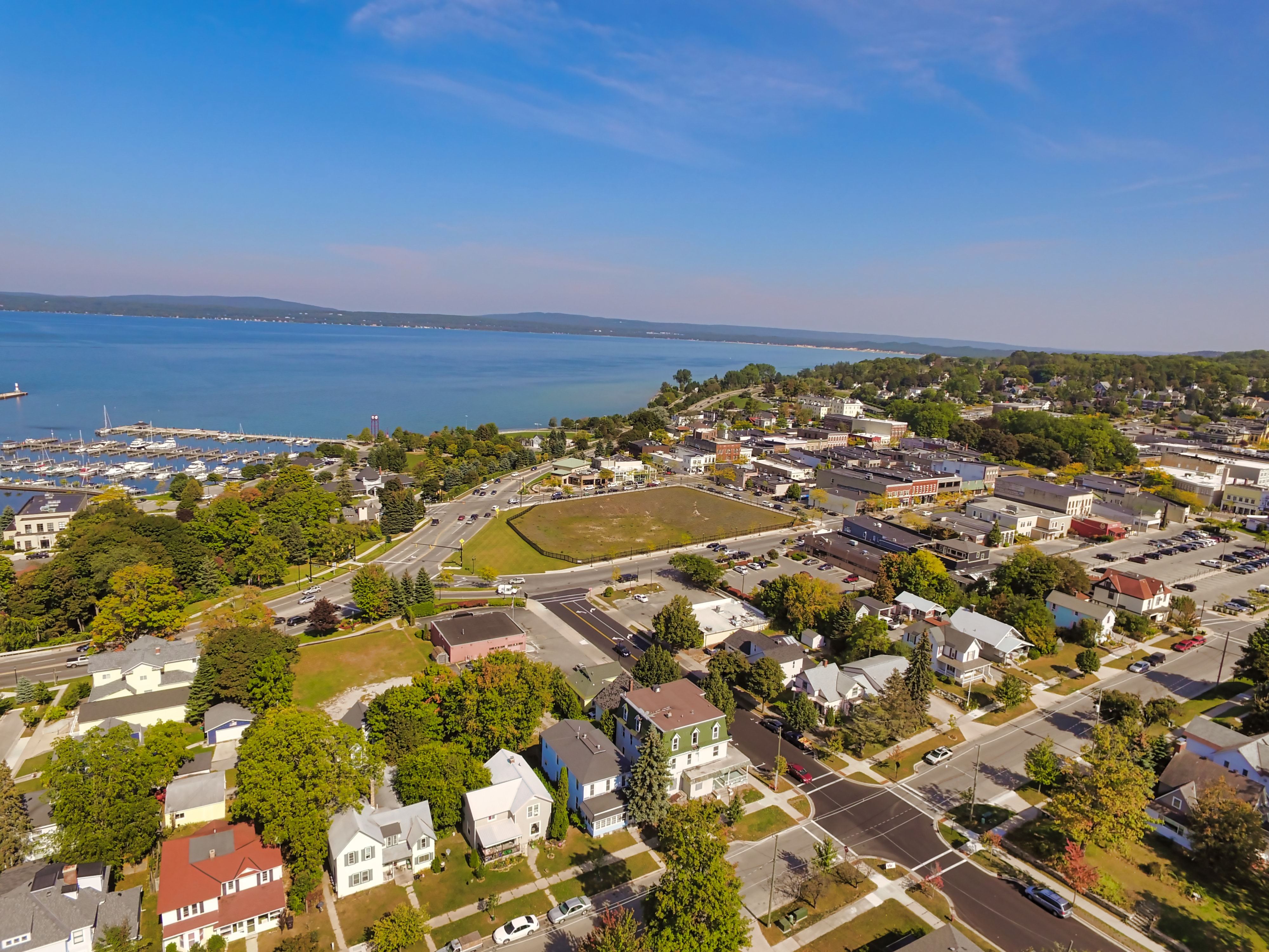 A lakeside condominium complex in Petoskey with modern design and lush surroundings.