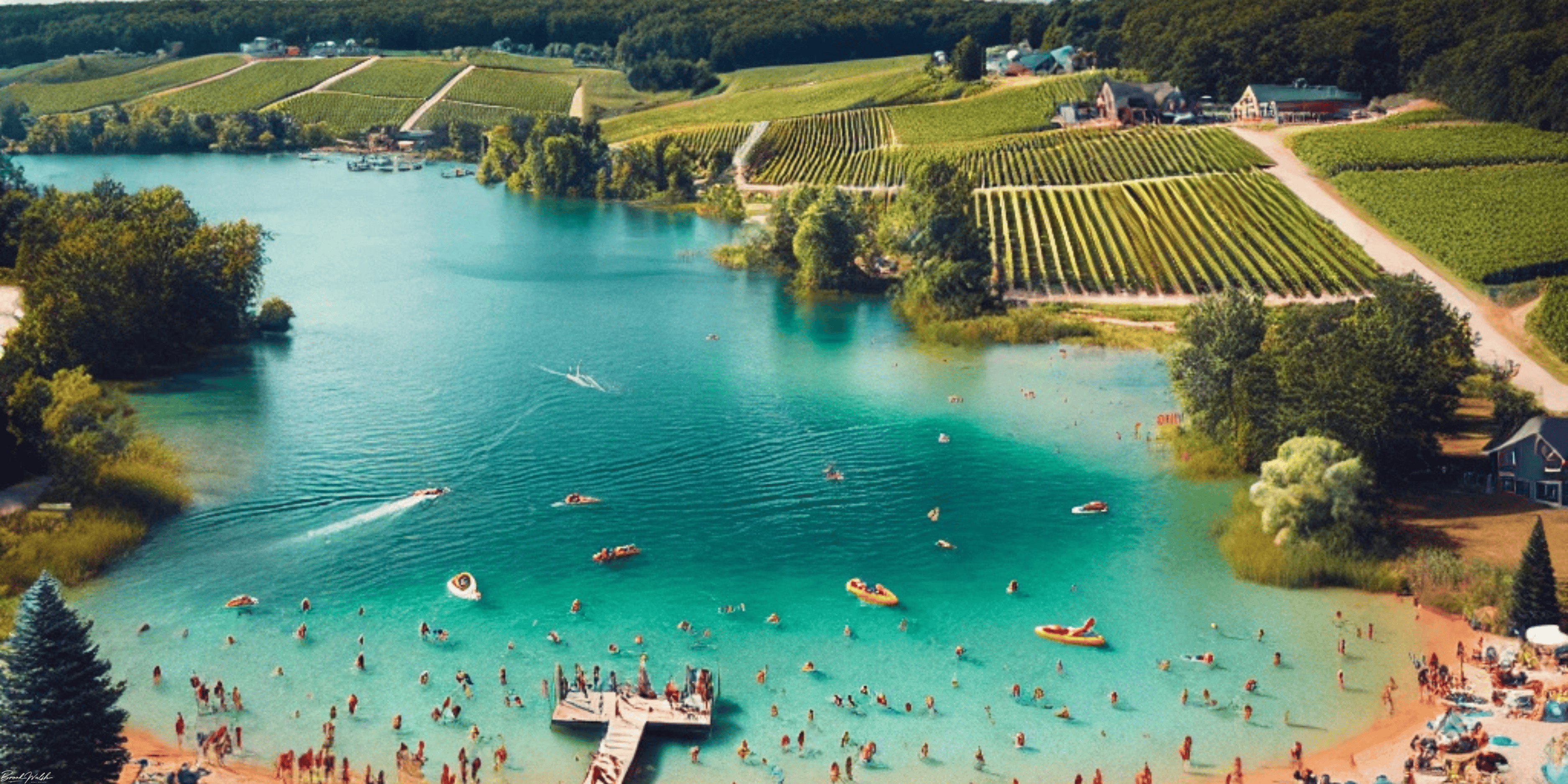 People swimming in a clear Michigan lake surrounded by forest on a sunny summer day.