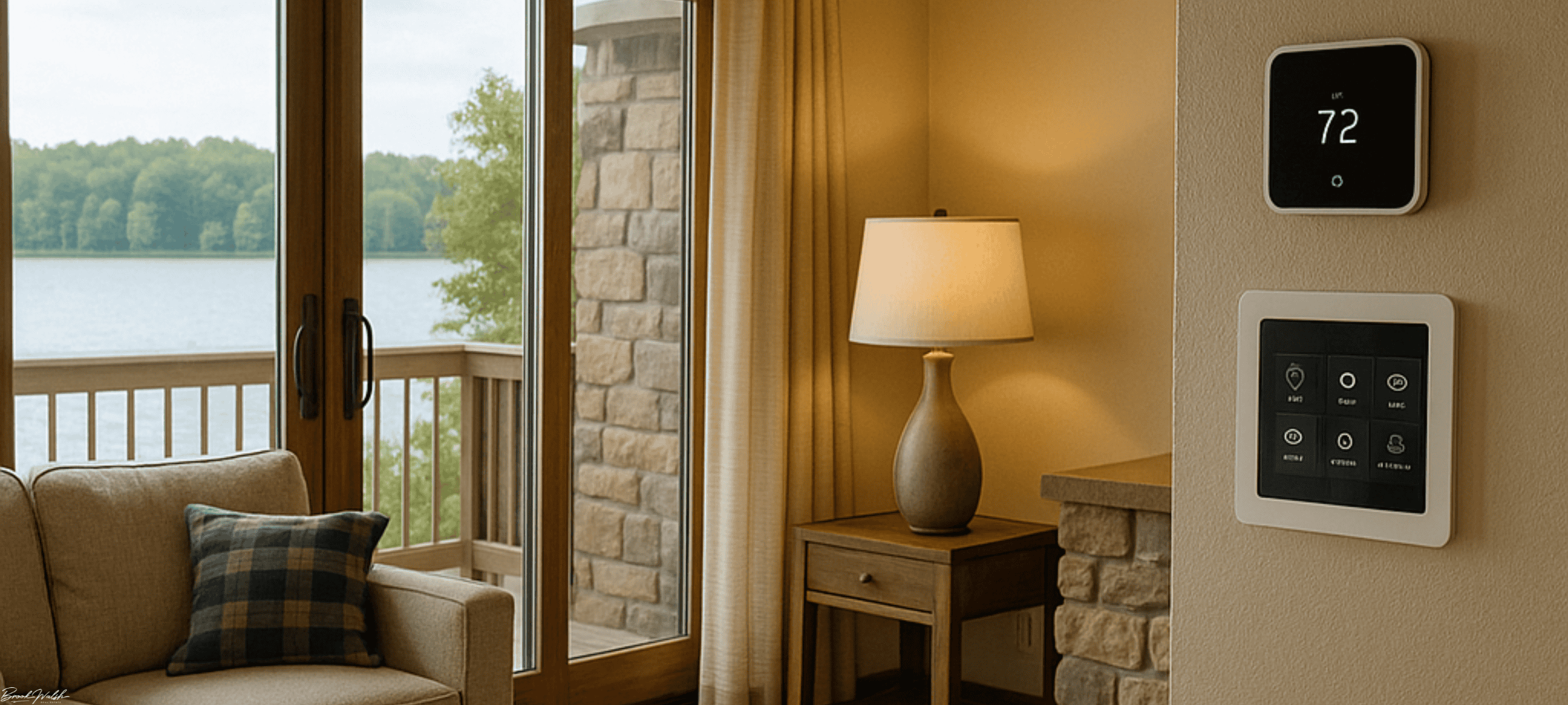 Northern Michigan living room with smart thermostat, automated lighting, and home automation controls.
