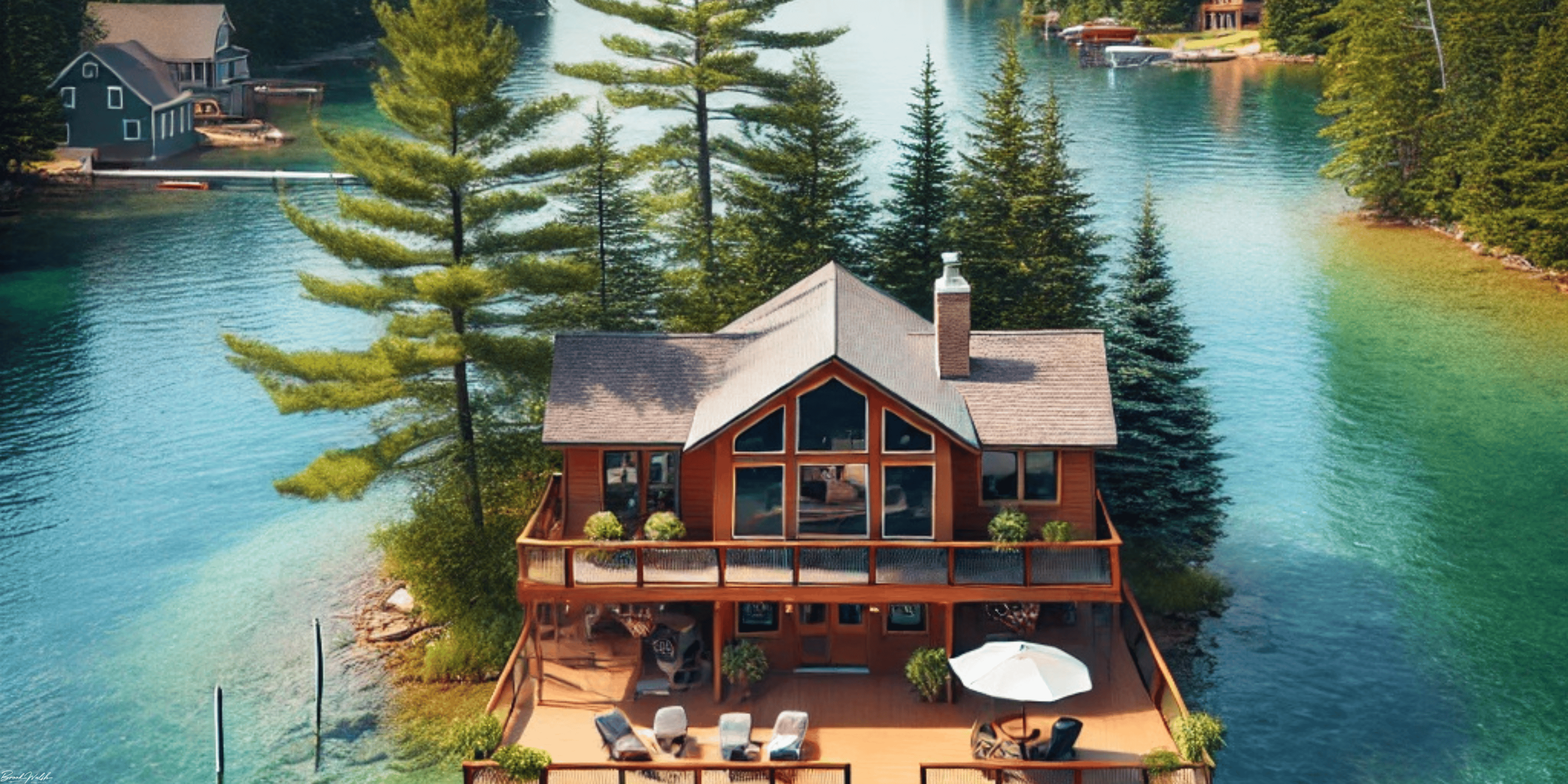 Luxury waterfront homes on Douglas Lake, Northern Michigan with private docks and scenic views