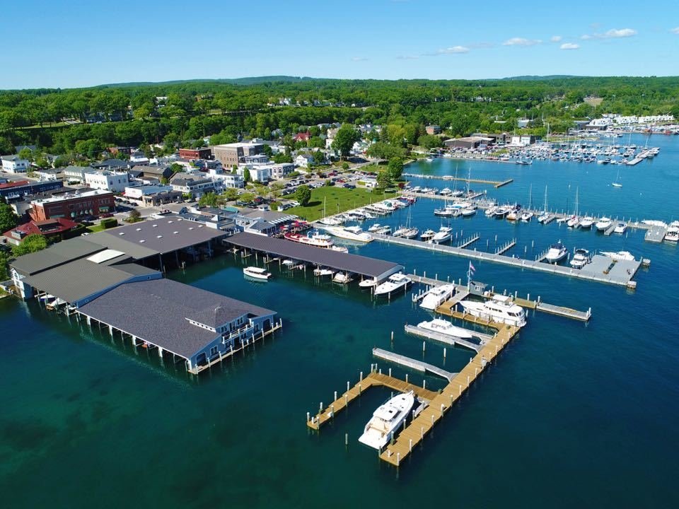A picturesque view of Harbor Springs, Michigan, with clear blue water, lush greenery, and a quaint downtown area.
