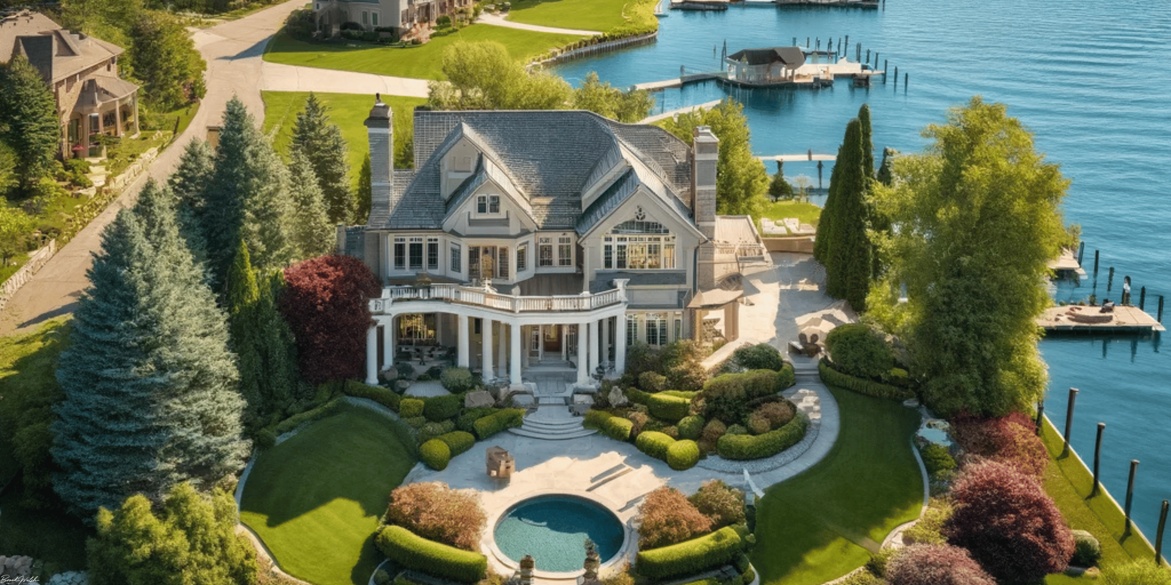 Lakefront mansion and dock in Grosse Pointe, Michigan