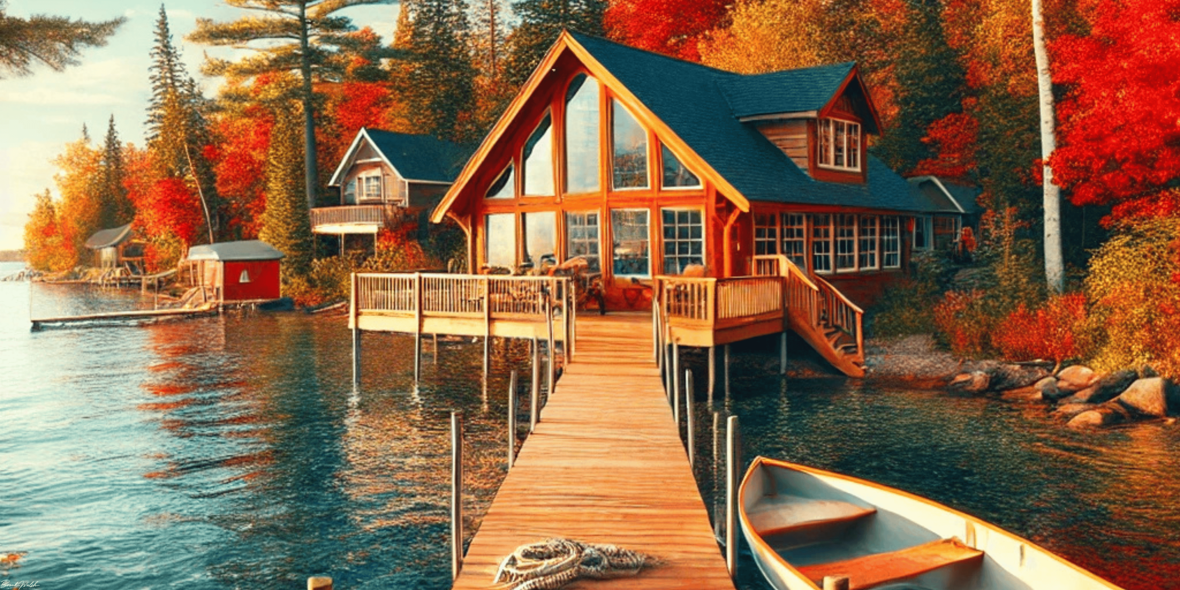 Charming lakefront cabin in Northern Michigan surrounded by autumn trees