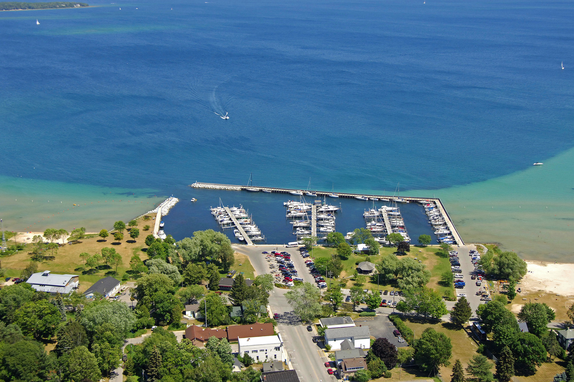View of Northport, Michigan's picturesque downtown area and marina.