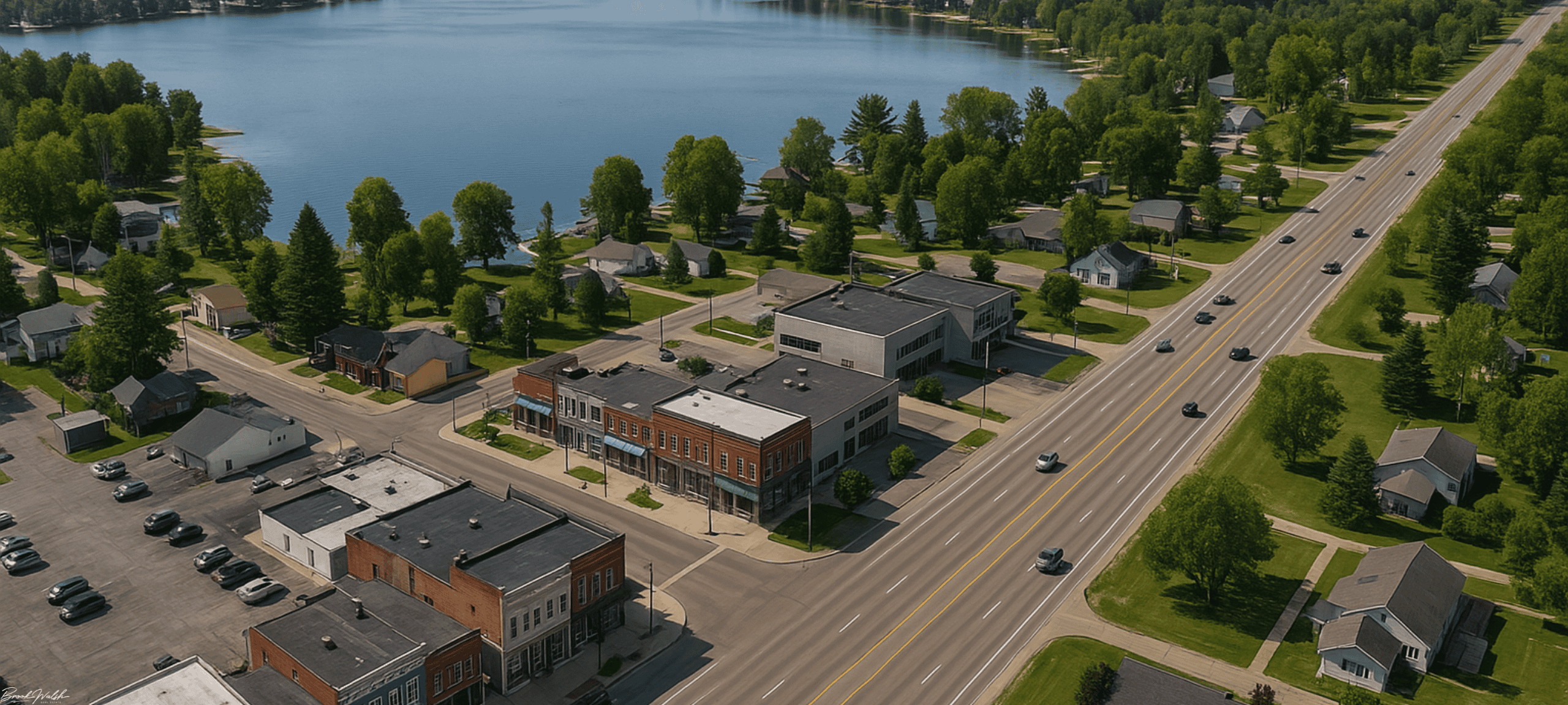 Aerial view of Alanson, MI commercial district along Crooked Lake, featuring retail storefronts, office buildings, and highway access.