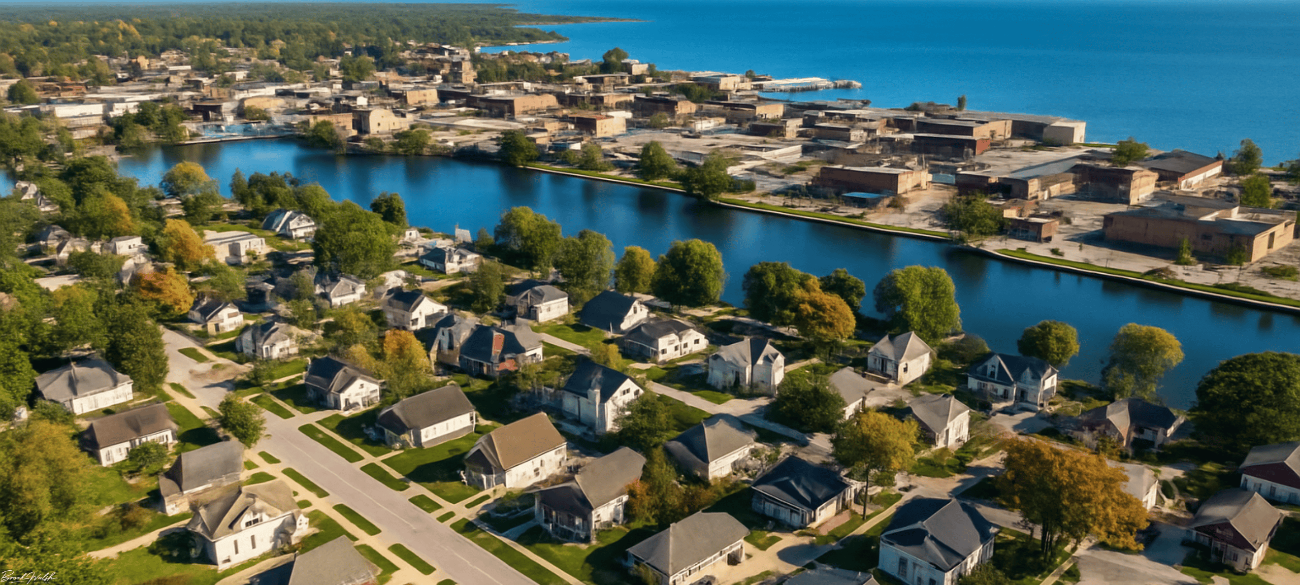 Aerial view of downtown Alpena, MI homes near Lake Huron
