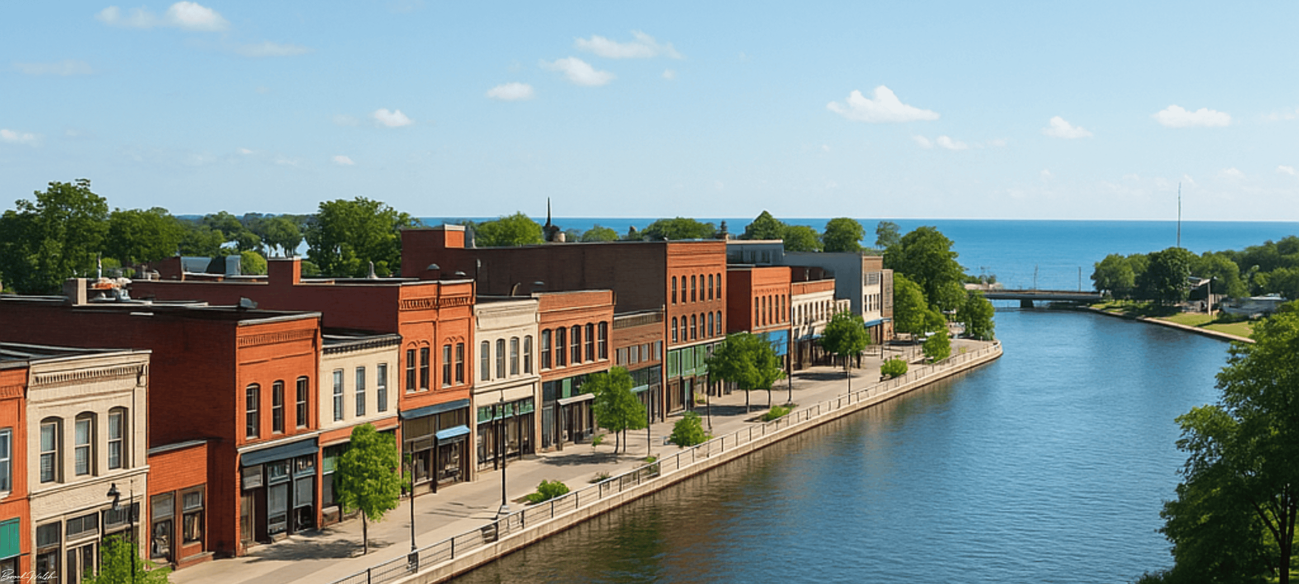 Downtown Alpena commercial buildings and Lake Huron waterfront view on a sunny day