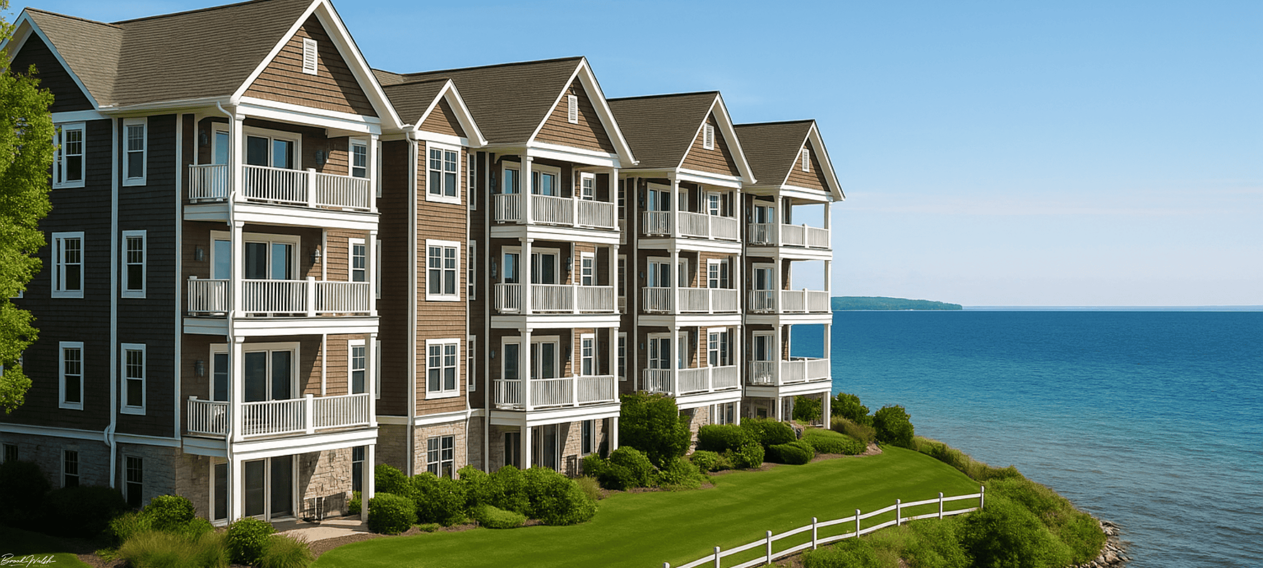 Exterior view of Arlington Mariner Condominiums overlooking Lake Michigan in Petoskey, MI