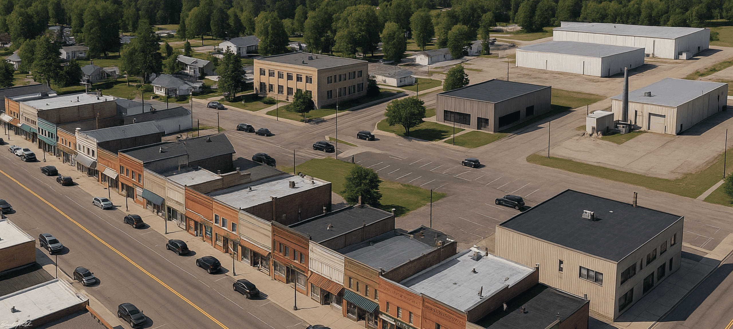 Aerial view of Atlanta, MI commercial district showing retail storefronts, office buildings, and industrial warehouses.