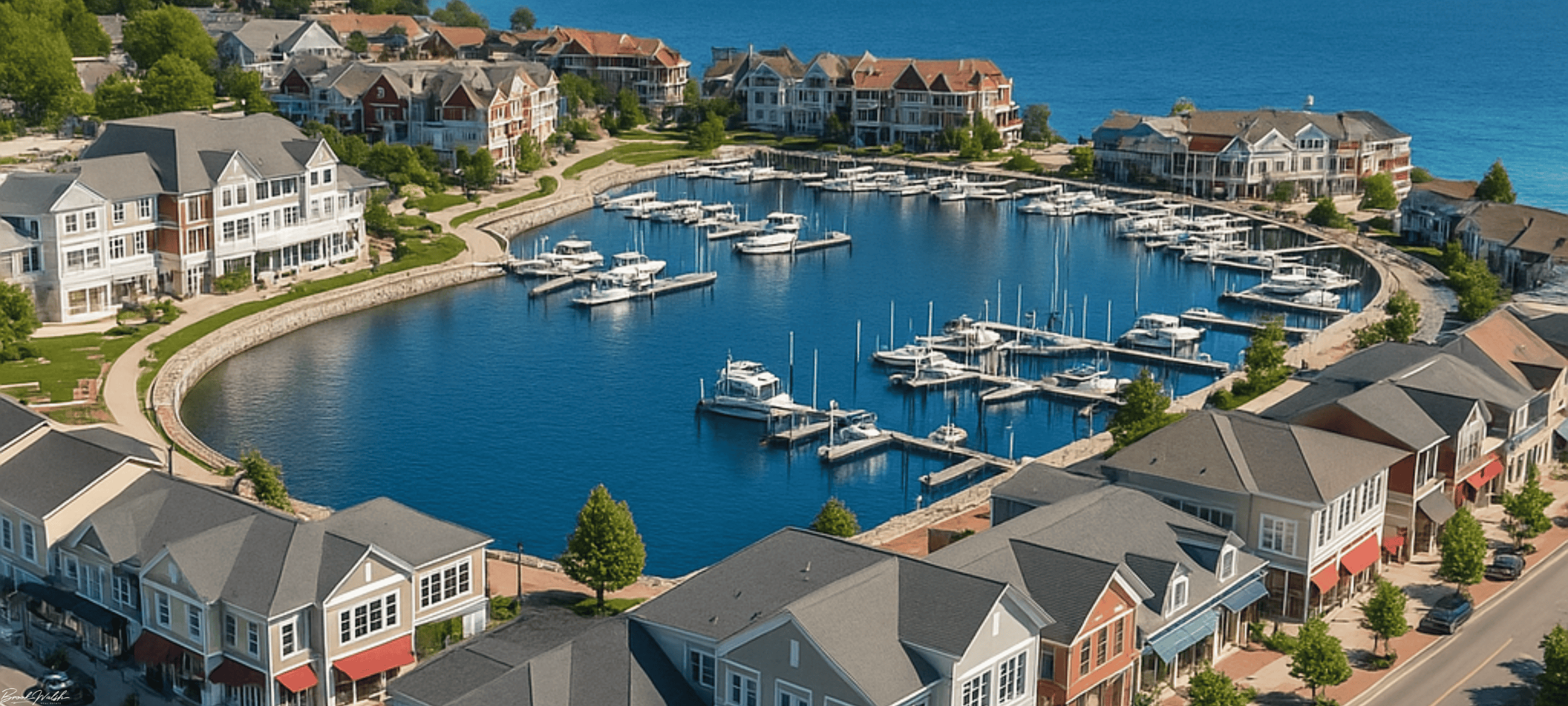 Aerial view of Bay Harbor, Michigan waterfront district with commercial buildings, marina, and surrounding landscape