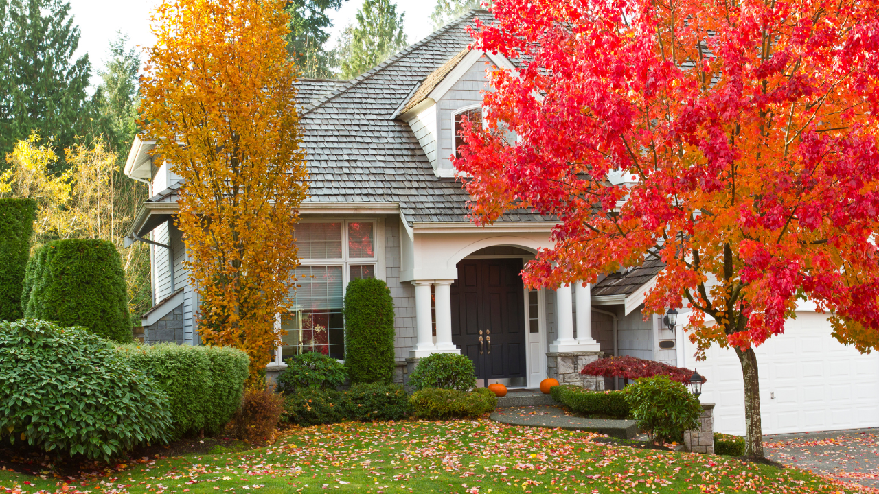 A photo of a beautiful home in Traverse City with fall leaves on the trees and a blue sky.