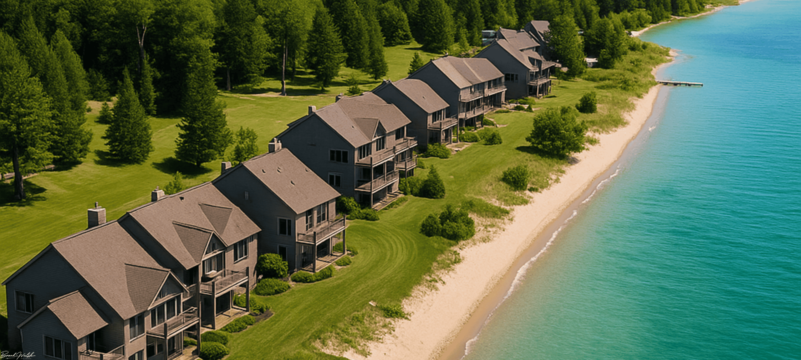 Aerial view of waterfront condominiums on Beaver Island, Michigan