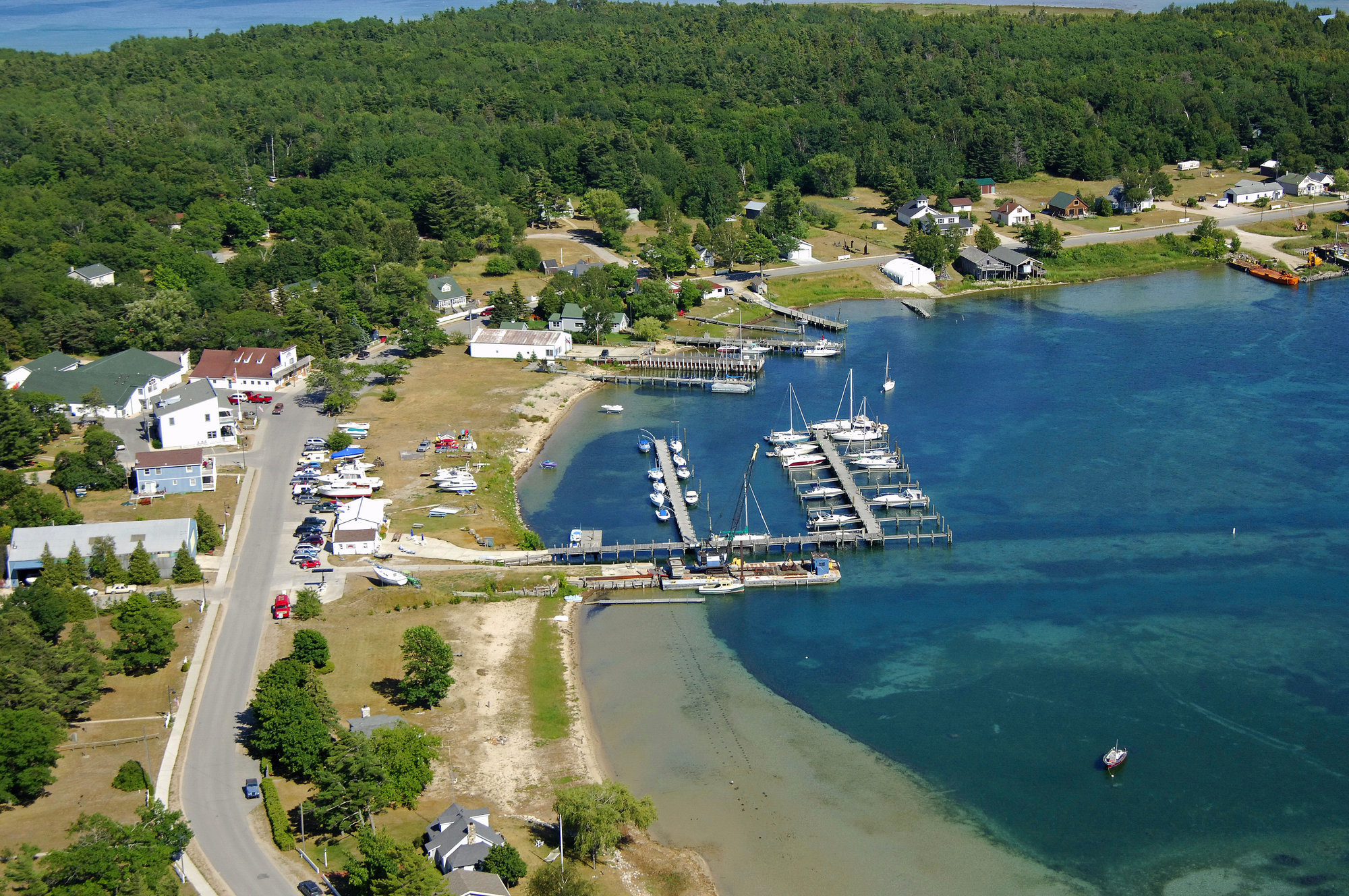 A scenic view of Beaver Island's coastline and lush forests.