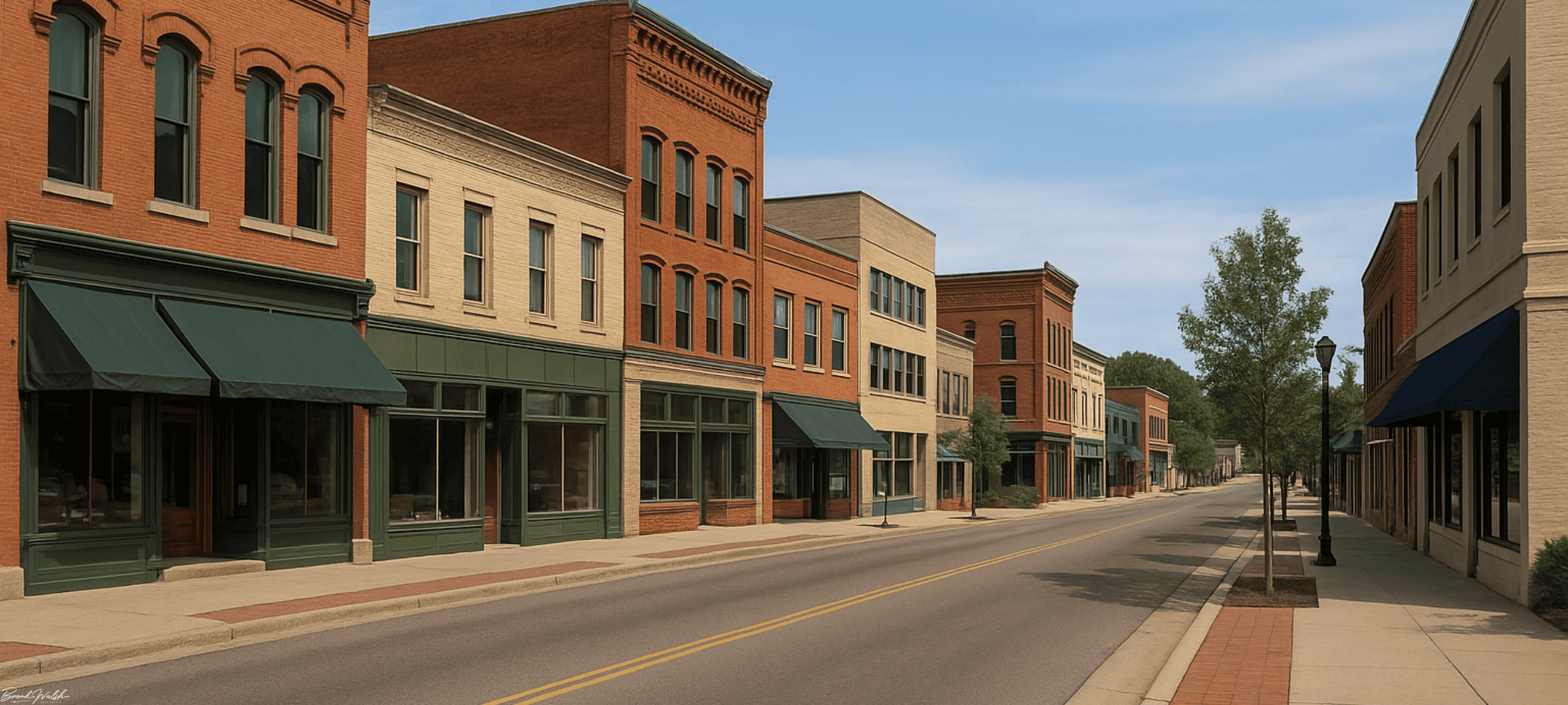 Downtown Bellaire, MI commercial district with historic retail storefronts, office buildings, and mixed-use spaces