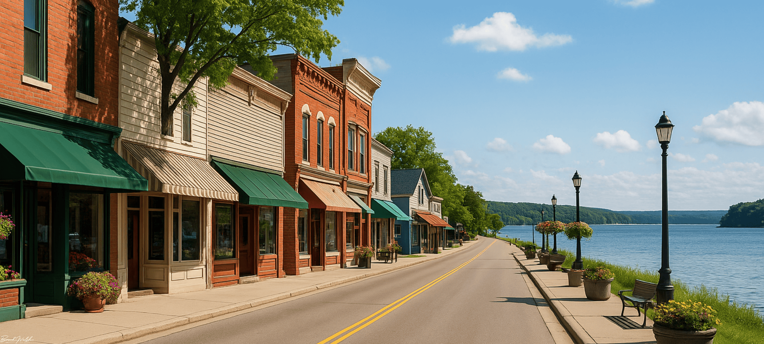 Downtown Beulah MI riverfront street with commercial storefronts and Lake Michigan views