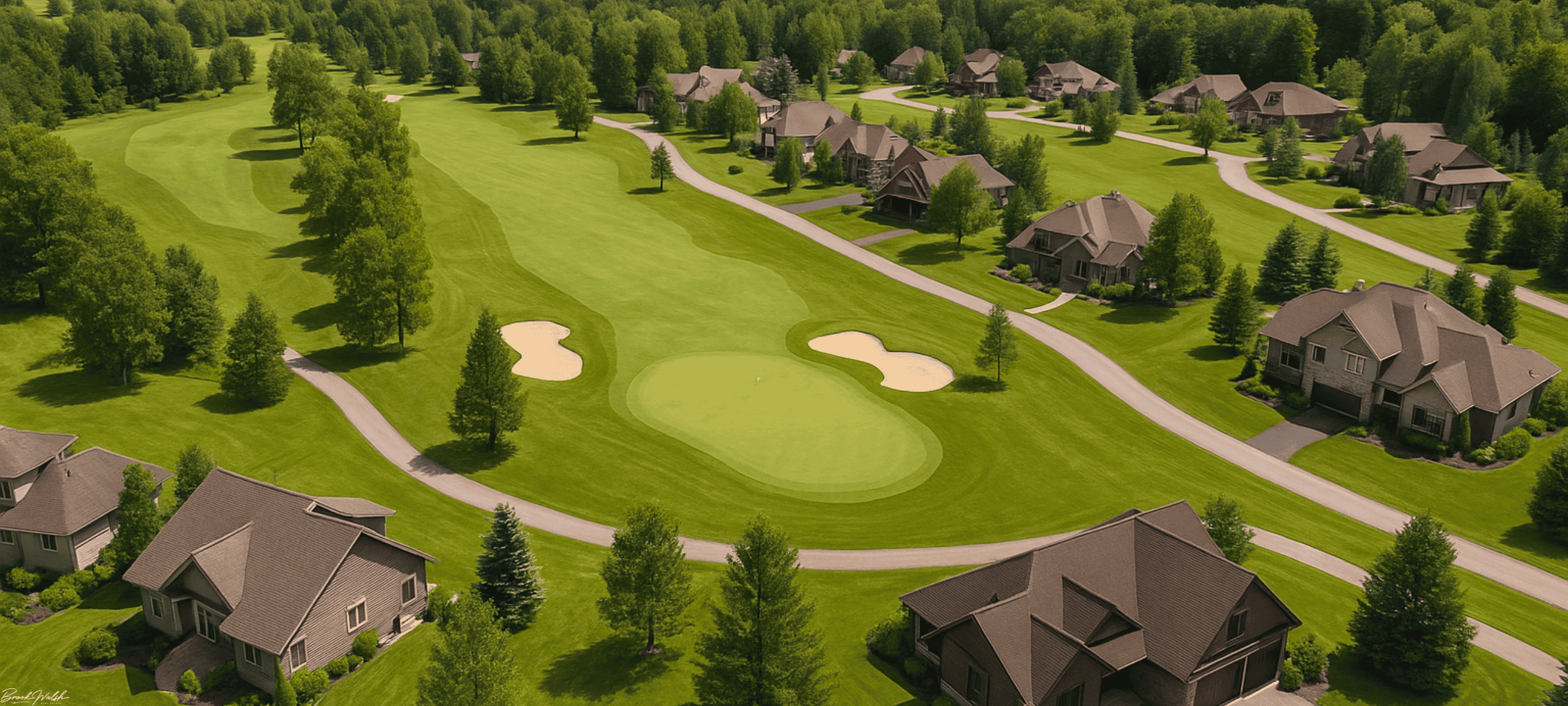Aerial view of golf course homes in Boyne Mountain surrounded by greenery