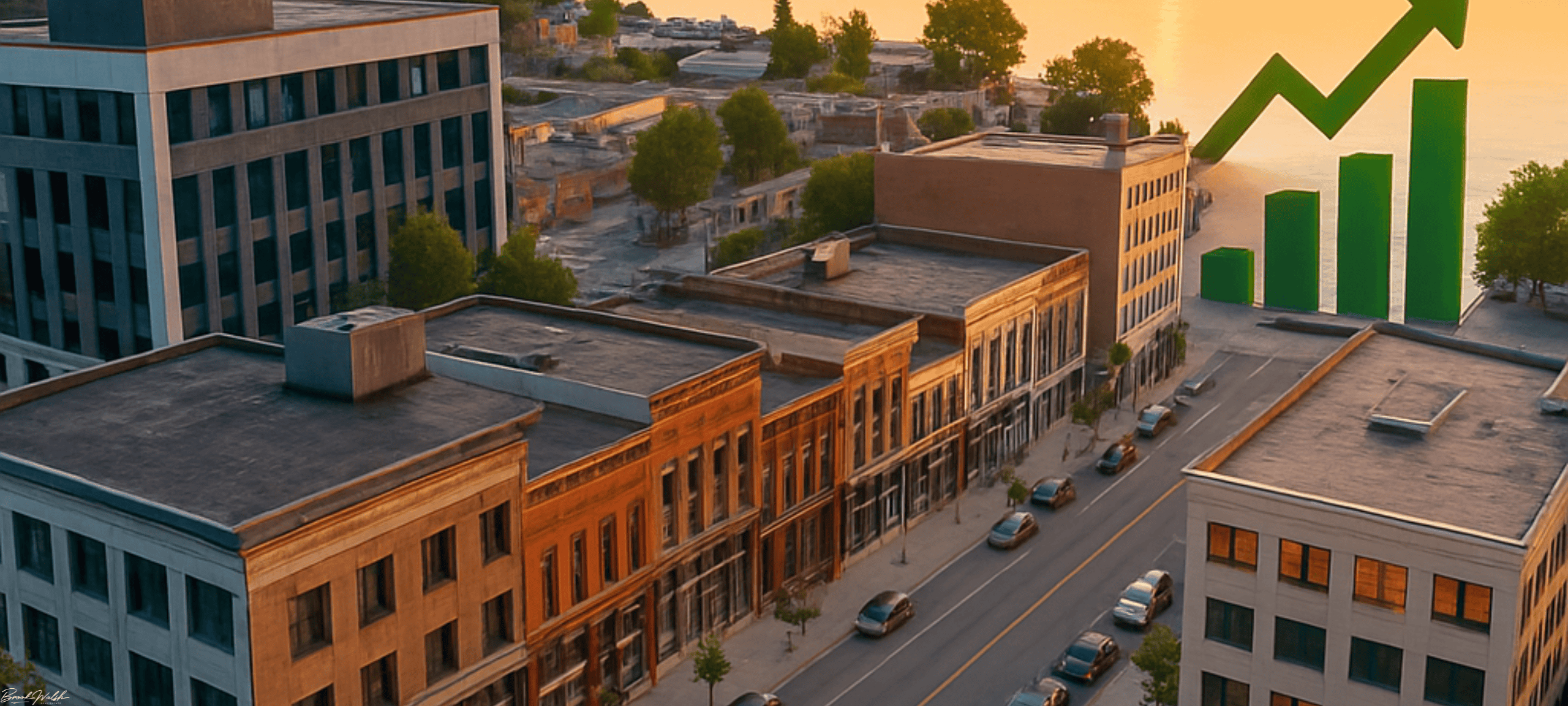 Boyne City downtown commercial buildings with lake view and bustling streetscape
