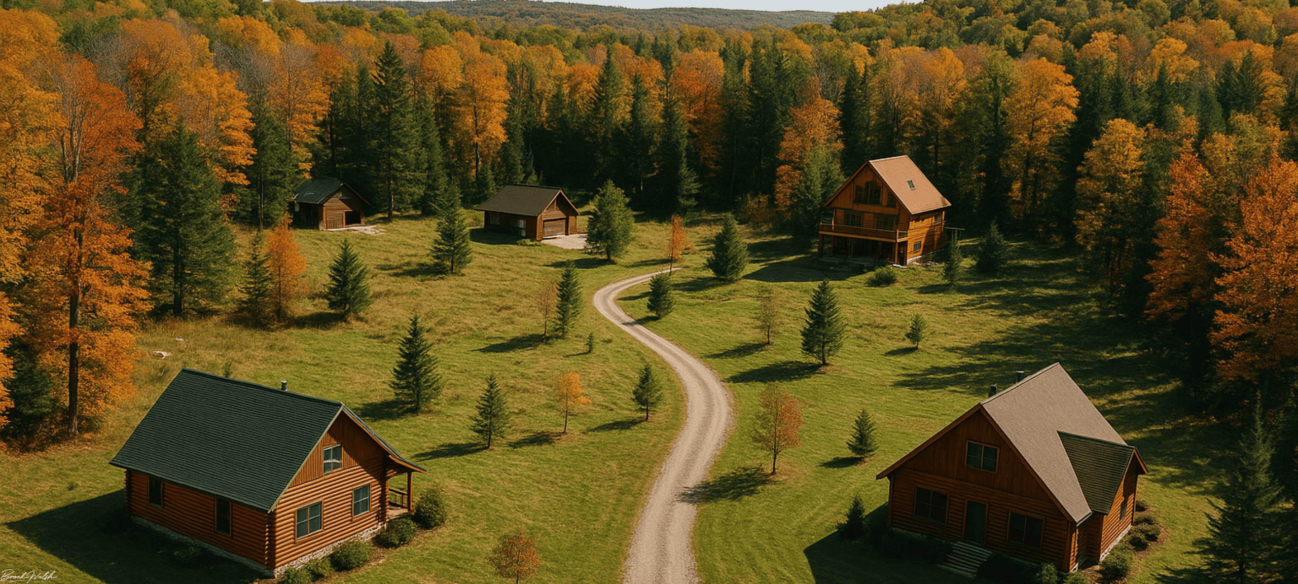 Aerial view of rustic homes in Boyne Falls, MI with forest backdrop