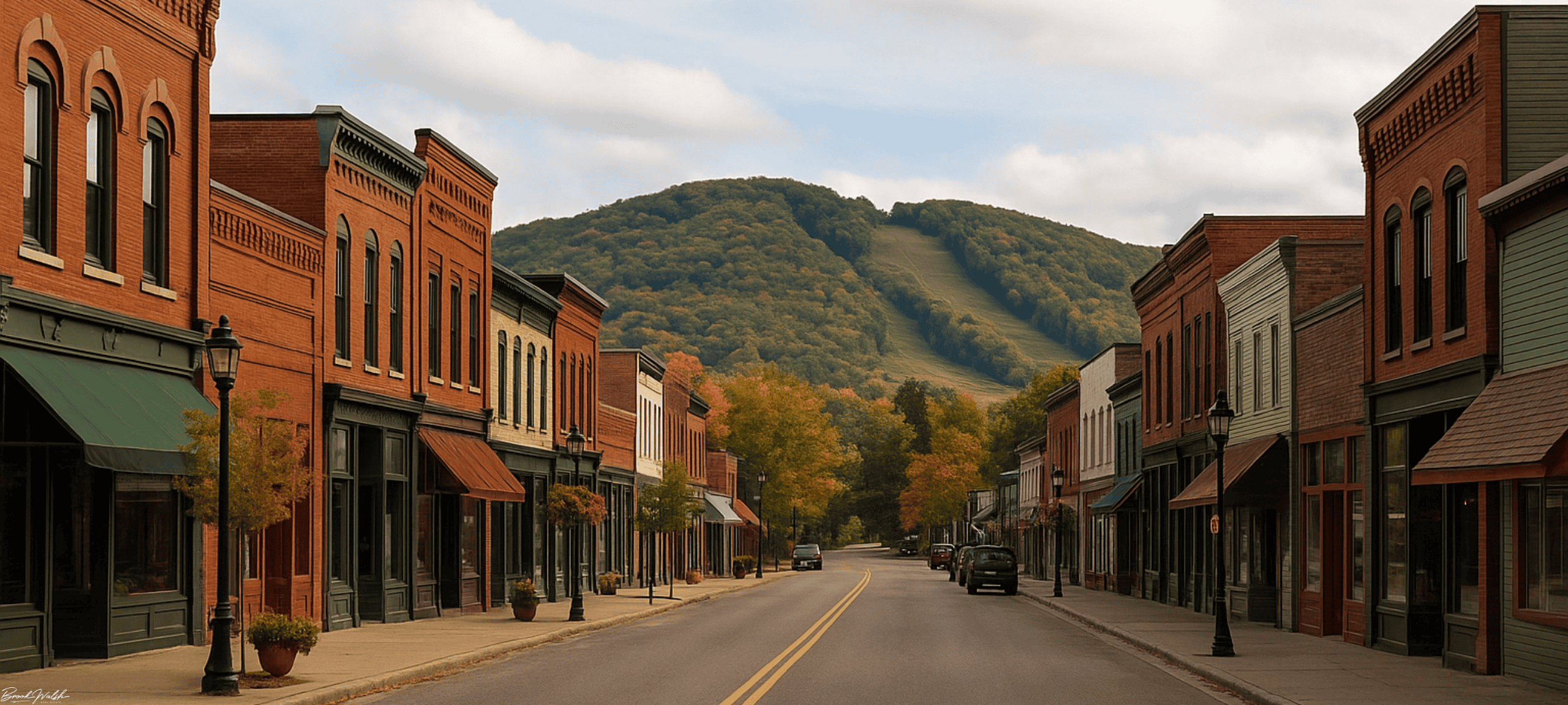 Downtown Boyne Falls historic commercial storefronts along Main Street with mountain views.