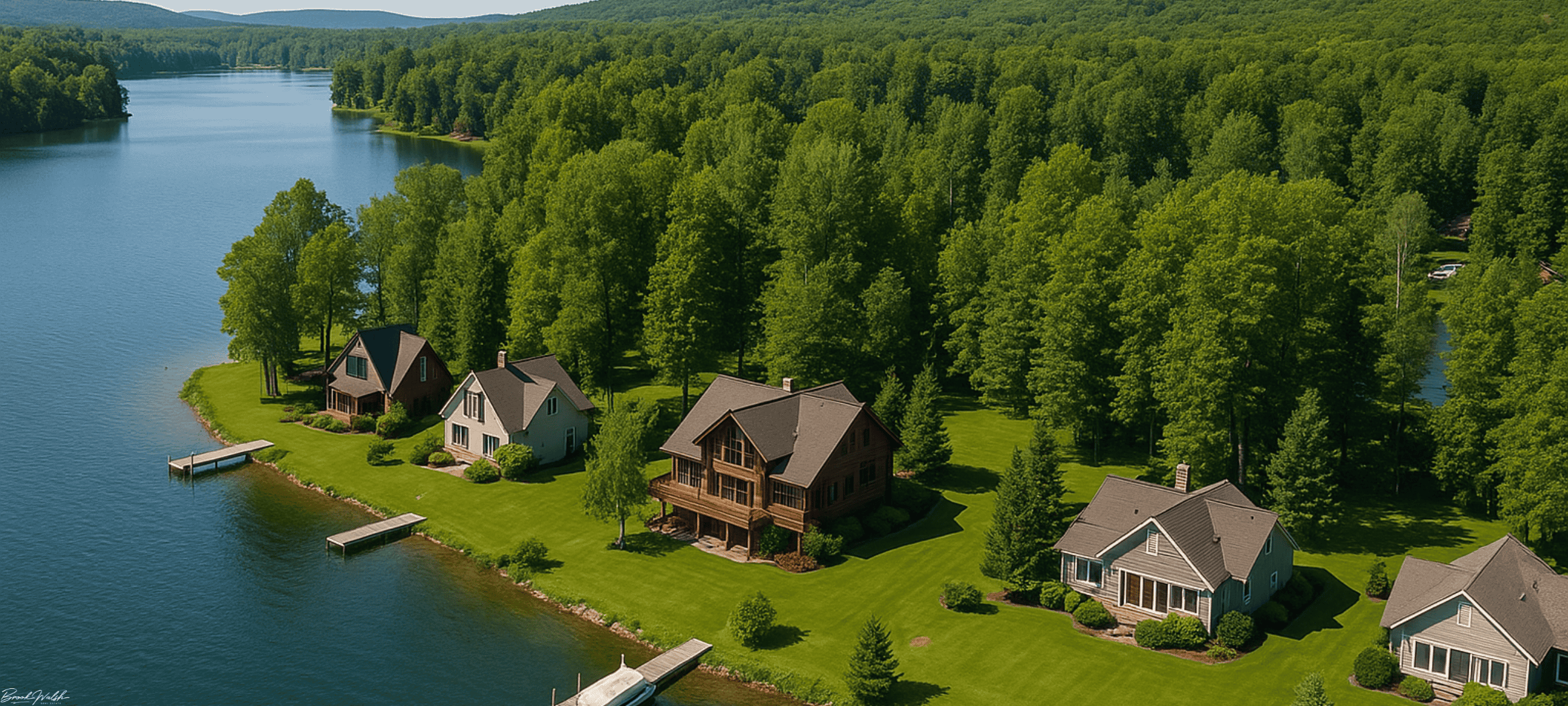 Aerial view of waterfront homes in Boyne Falls, MI with surrounding lakes and trees