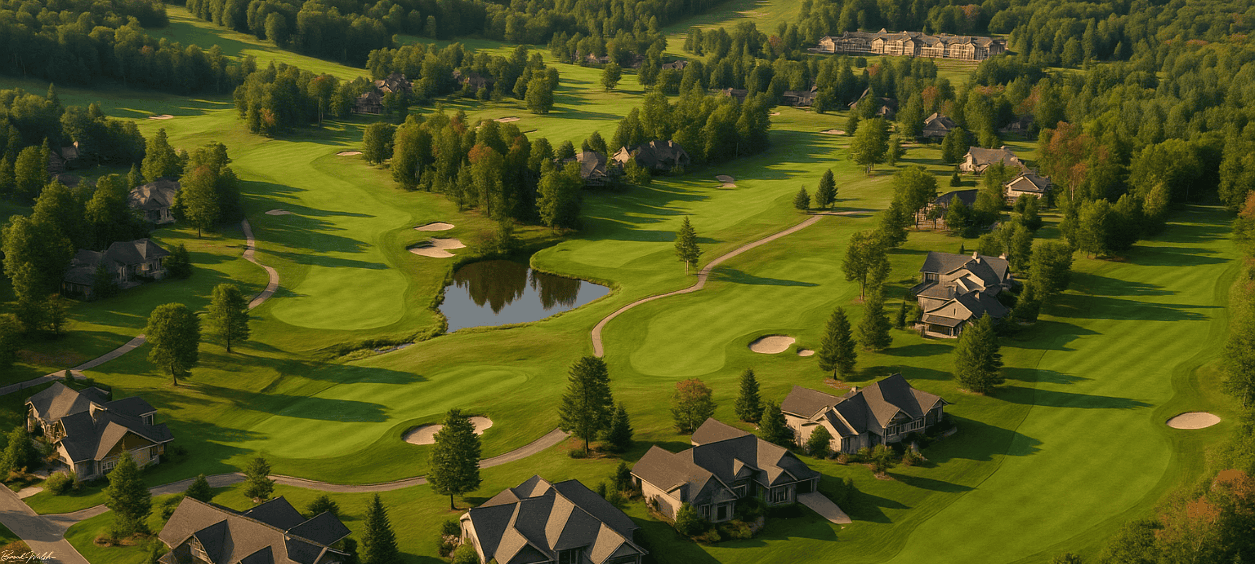 Aerial view of Boyne Mountain Resort golf homes surrounded by lush fairways and forests