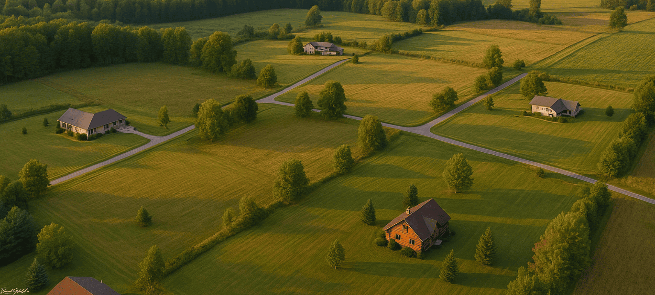 Aerial view of homes with large land parcels in Brutus, MI