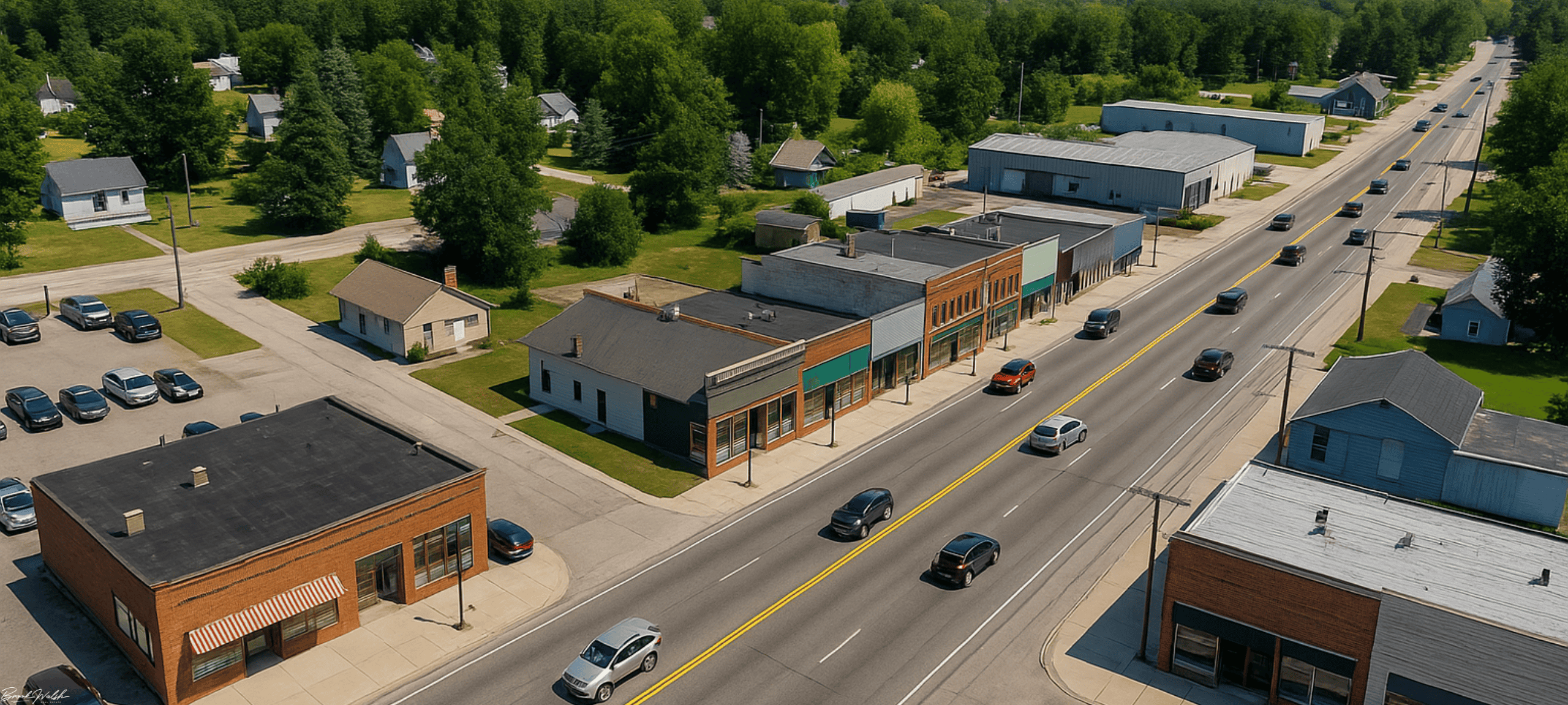 Aerial view of commercial buildings and retail storefronts along US-31 in Brutus, Michigan