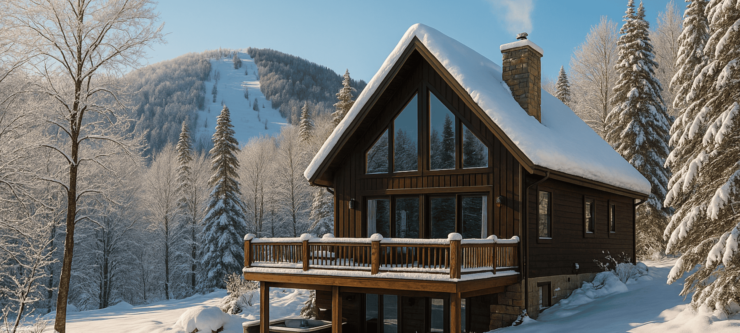 Ski-in/ski-out home at Caberfae Peaks, Cadillac, Michigan with snow-covered roof and mountain views