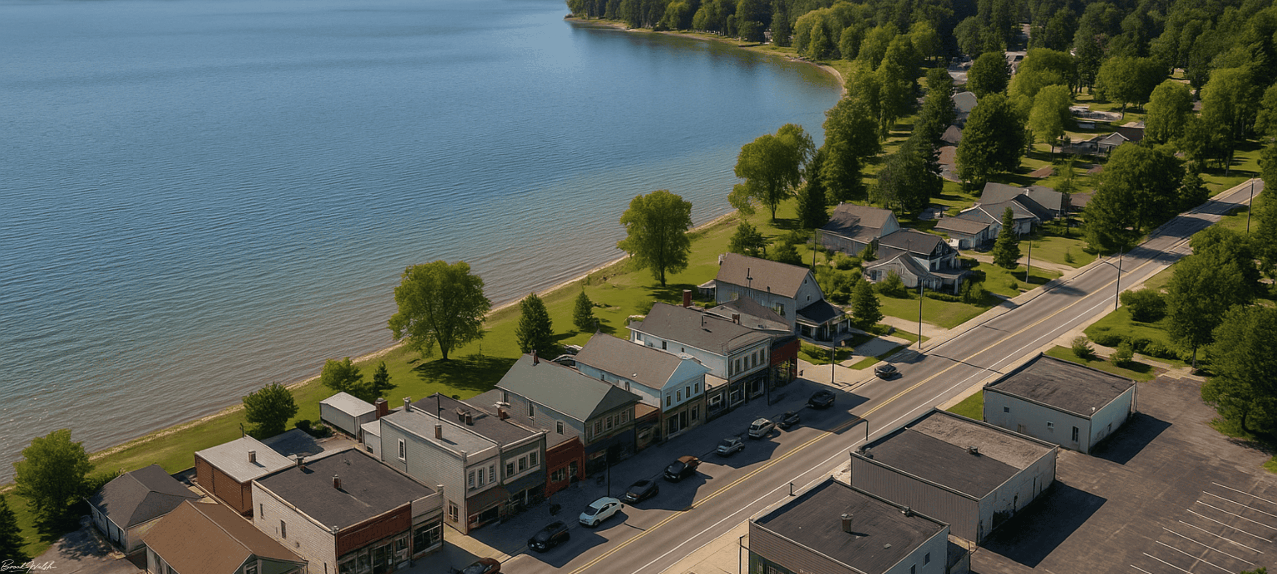 Aerial view of commercial properties and storefronts along Carp Lake shoreline in a northern Michigan town.