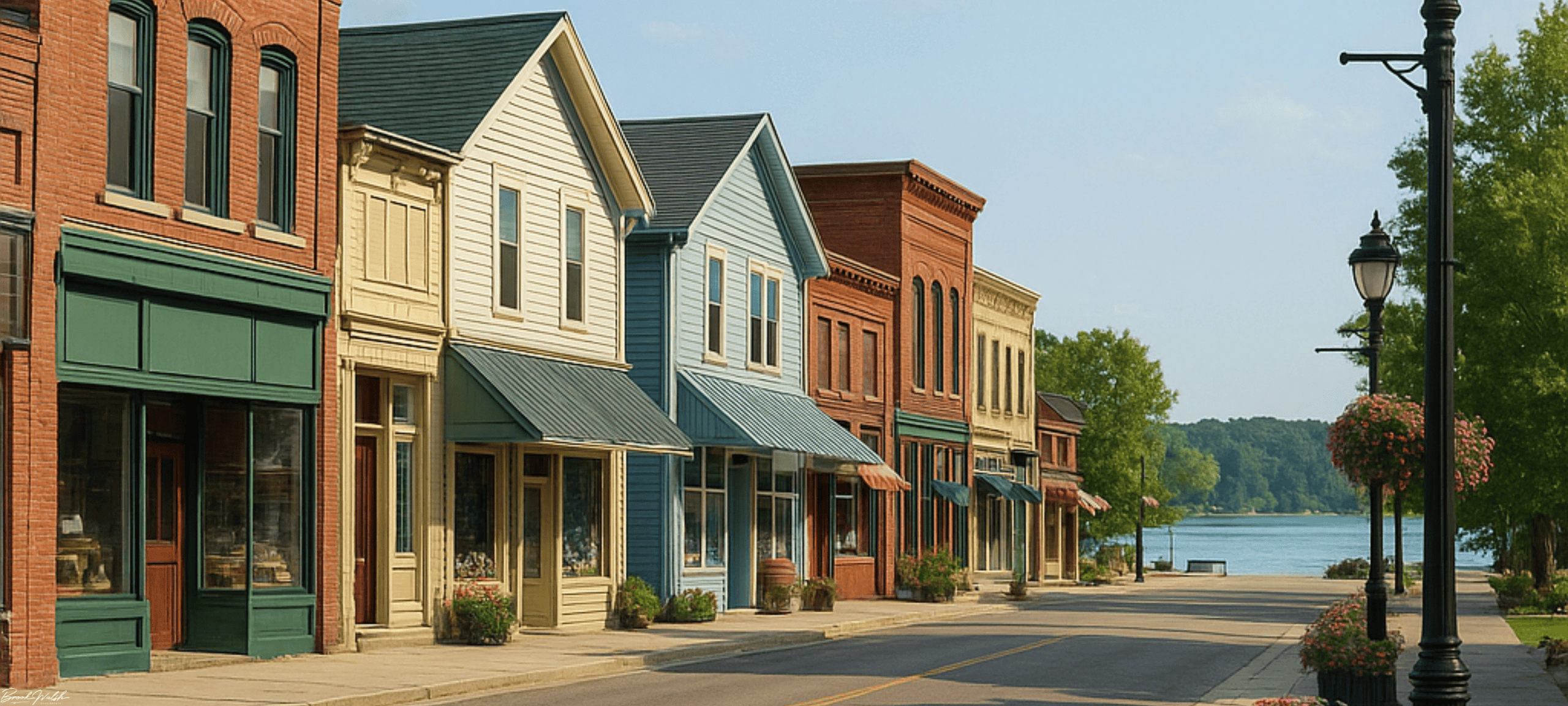 Downtown Central Lake, Michigan featuring retail storefronts on Main Street with the lake visible in the background.