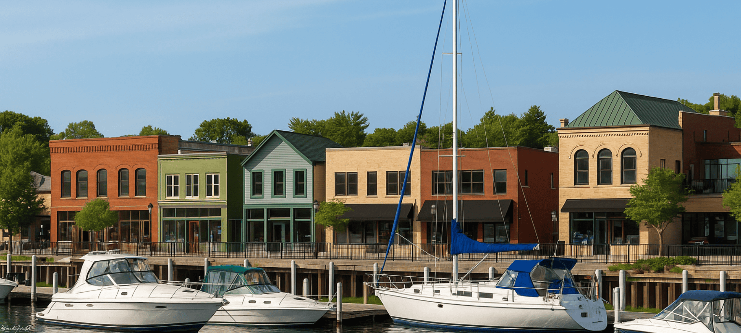 Downtown Charlevoix commercial buildings by the waterfront with boats docked at the marina.