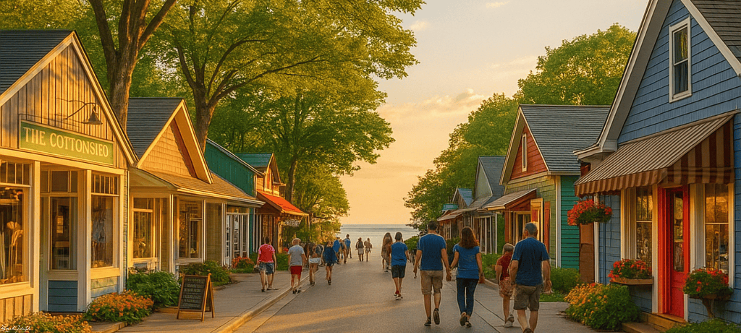 Scenic view of historic Fishtown and waterfront shops in Downtown Leland, Michigan