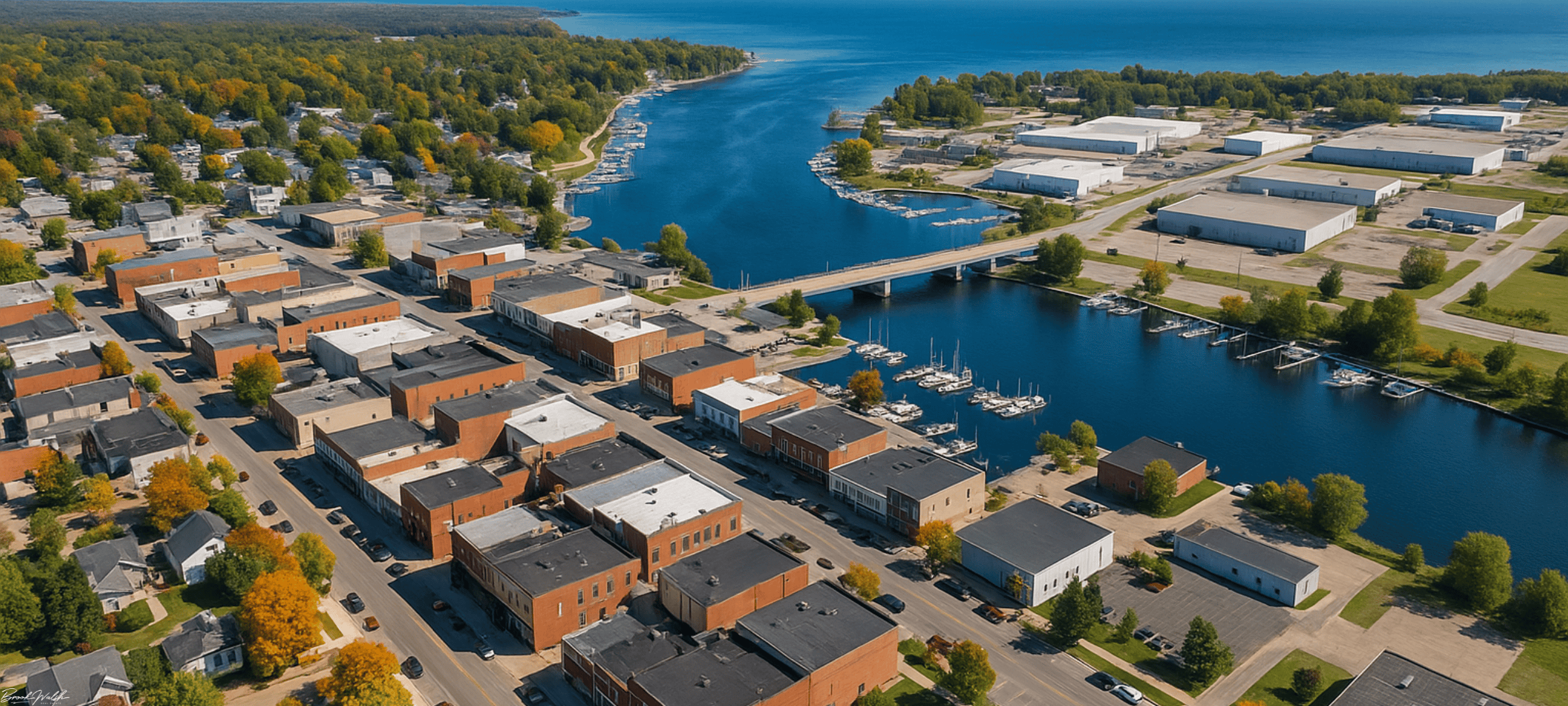 Aerial view of Cheboygan, Michigan downtown commercial buildings, waterfront, and industrial park