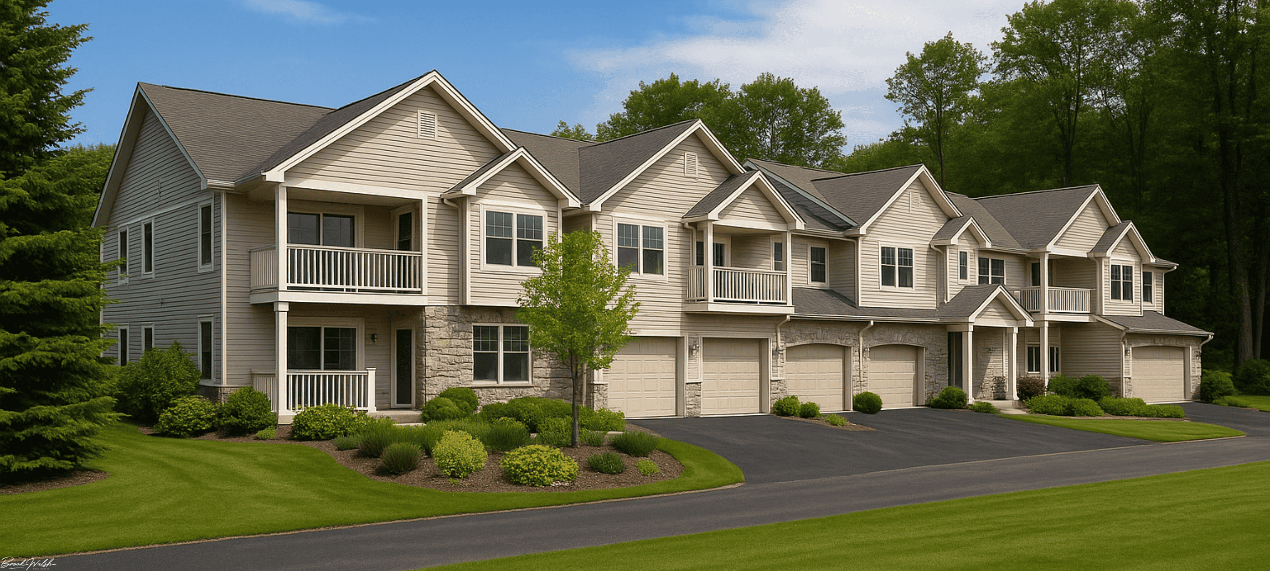 Exterior view of Clover Hill Condominiums in Charlevoix, Michigan with scenic landscaping