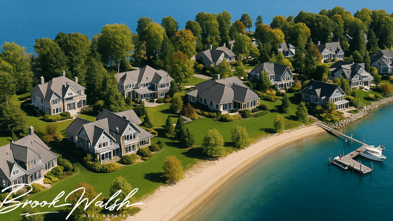 Aerial view of C/O Club waterfront homes in Charlevoix, MI