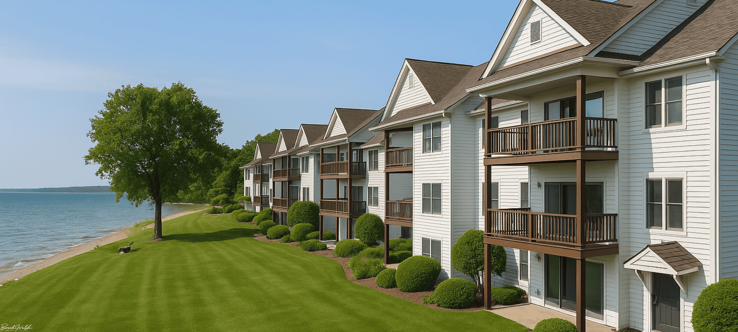 Exterior view of Colonial Weque Condominiums in Harbor Springs, MI near Lake Michigan