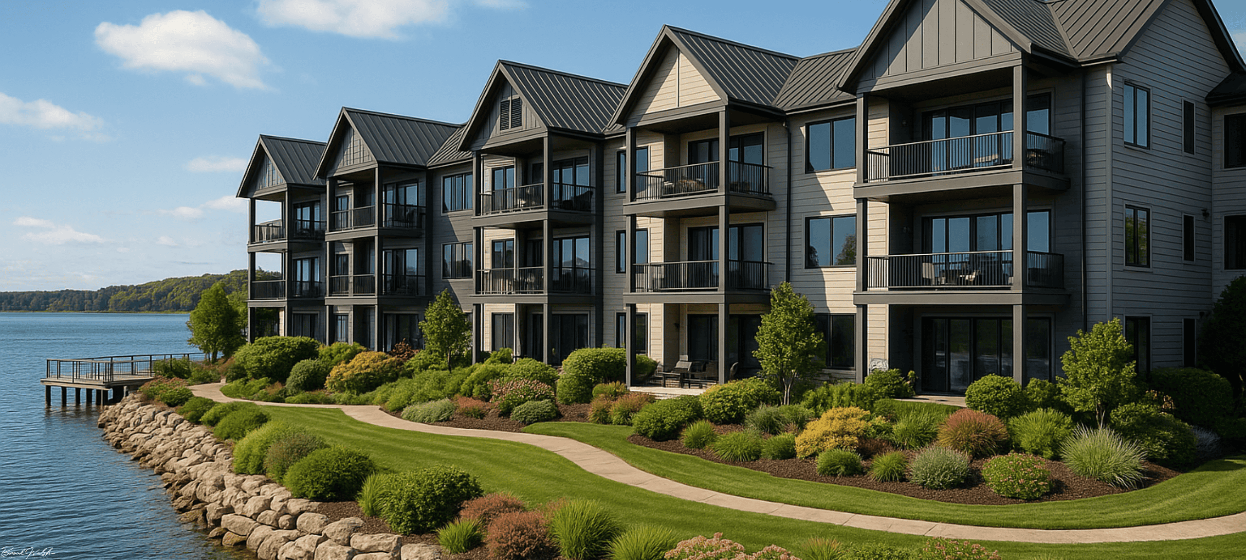 Modern Northern Michigan condominium complex with waterfront views and lush landscaping