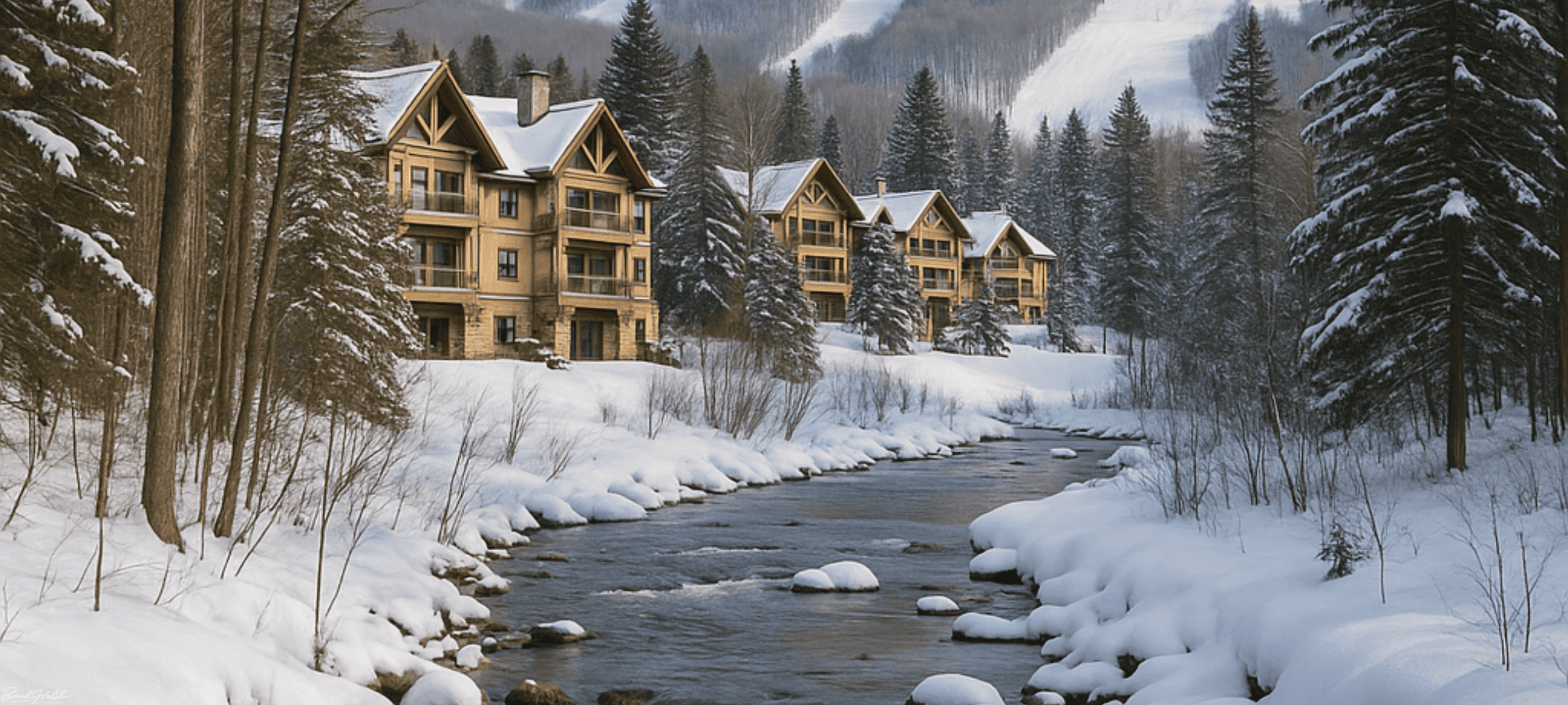 A serene creek winding through the forest at Boyne Mountain Resort, with luxury villas and snowy slopes in the distance