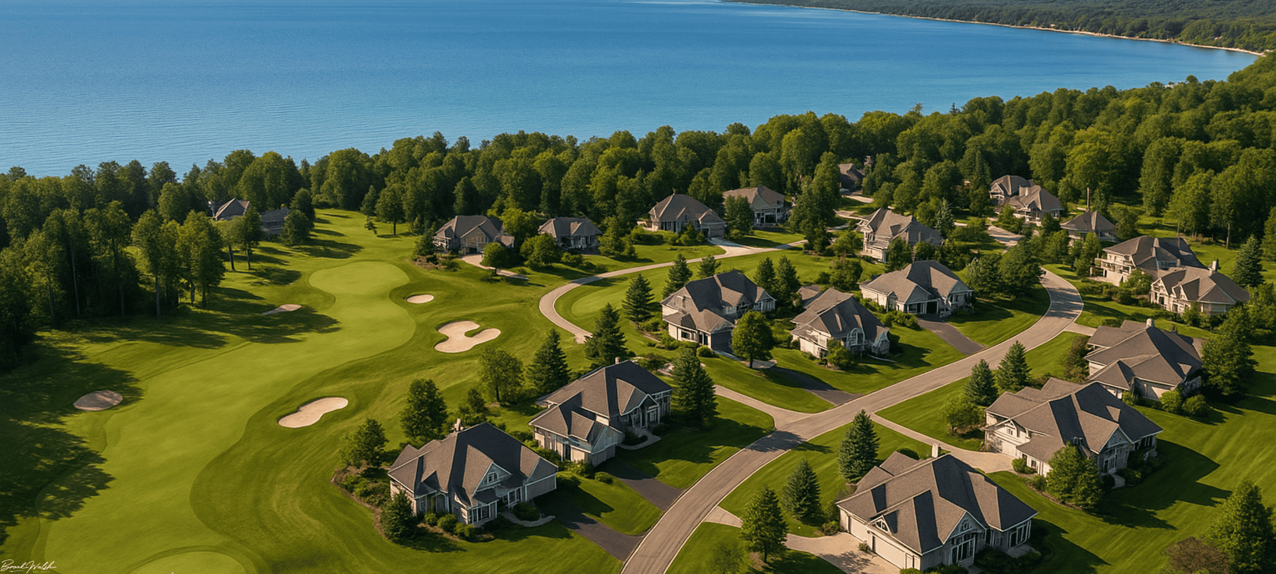 Aerial view of Crooked Tree Golf Club homes with golf course and Lake Michigan in Petoskey, MI