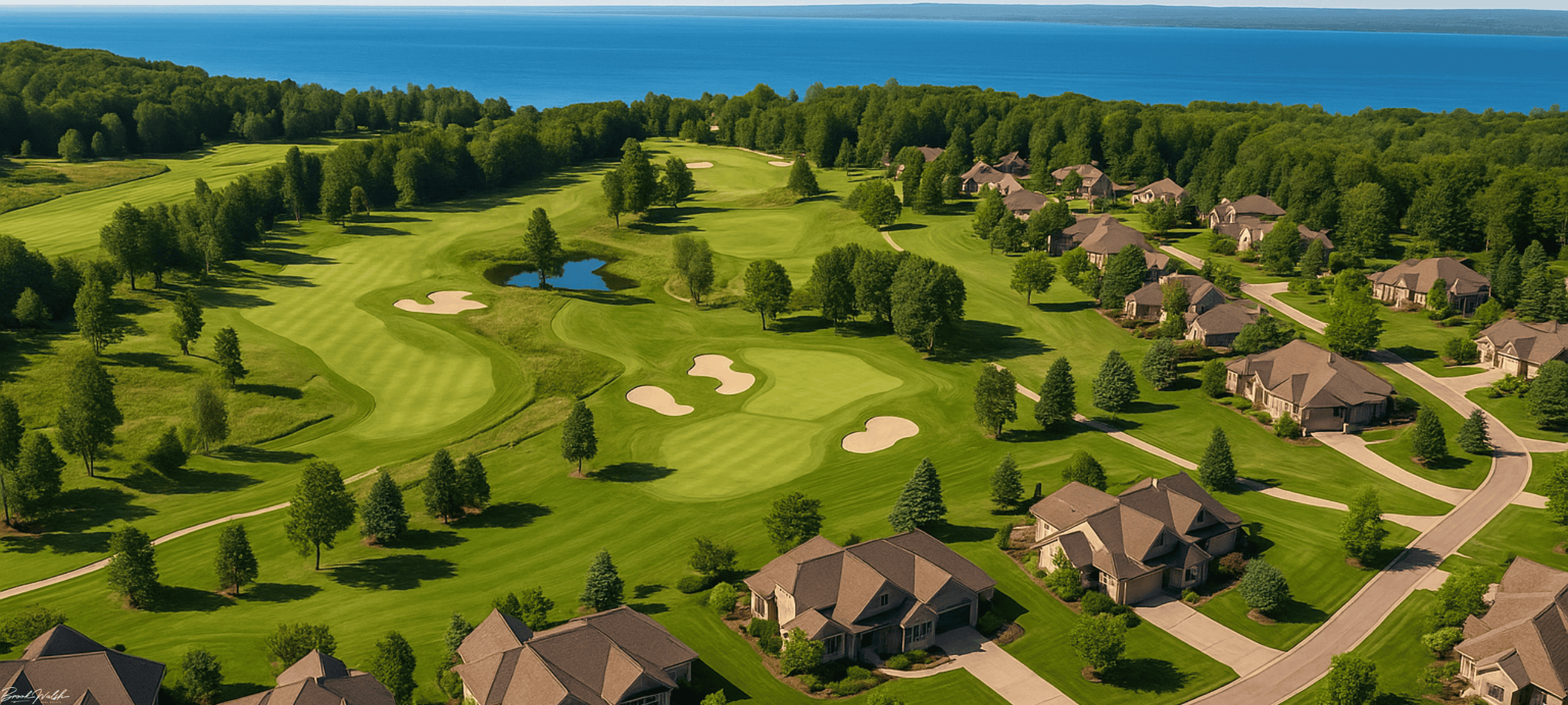 Aerial view of Crooked Tree Resort homes and golf course in Petoskey, Michigan