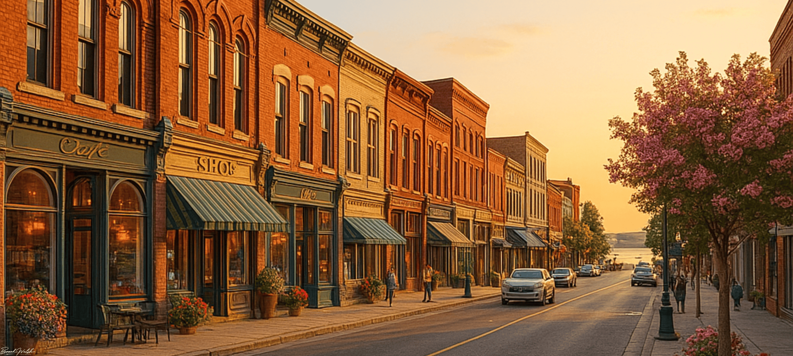 Scenic view of Downtown Alpena waterfront with parks, shops, and historic buildings.