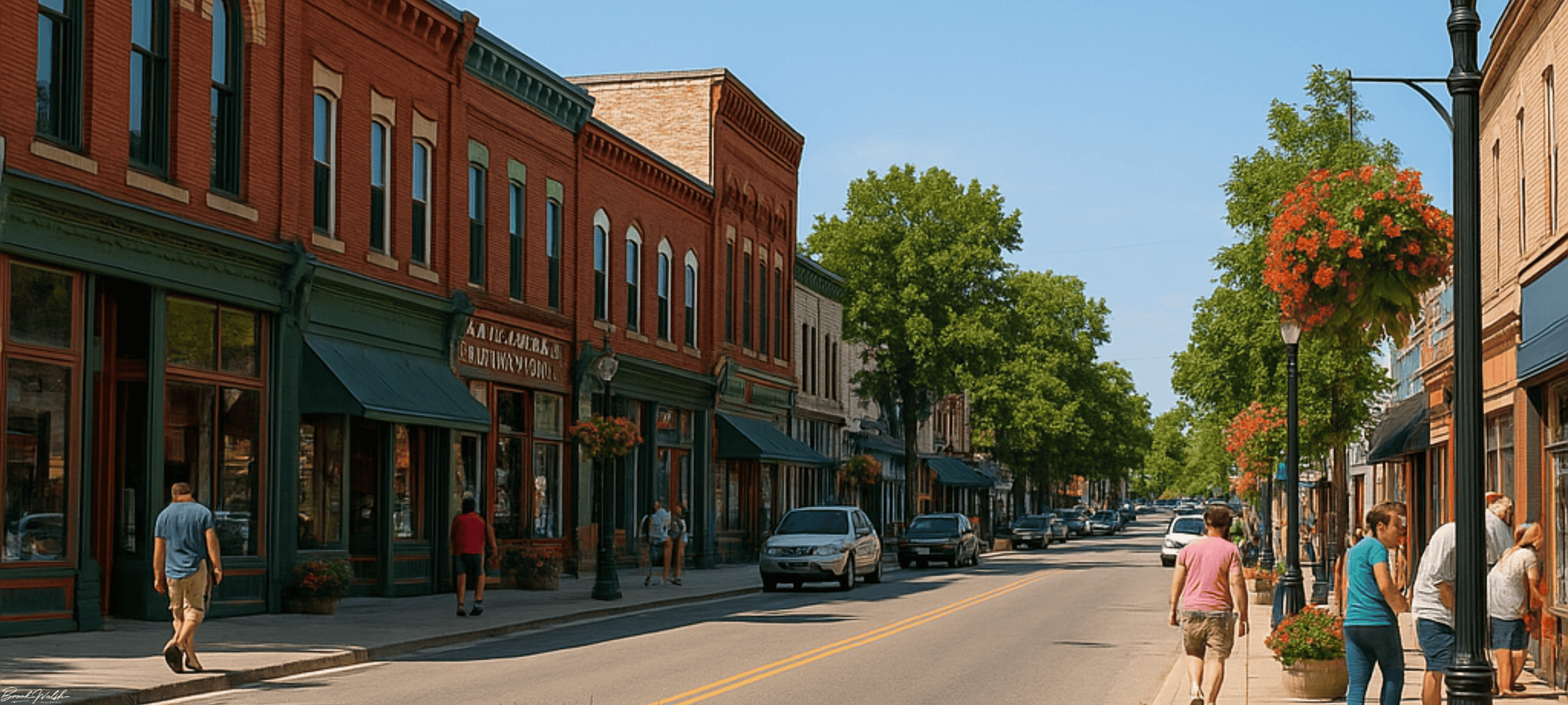 Scenic view of Downtown Bellaire, Michigan with historic buildings, shops, and vibrant local life