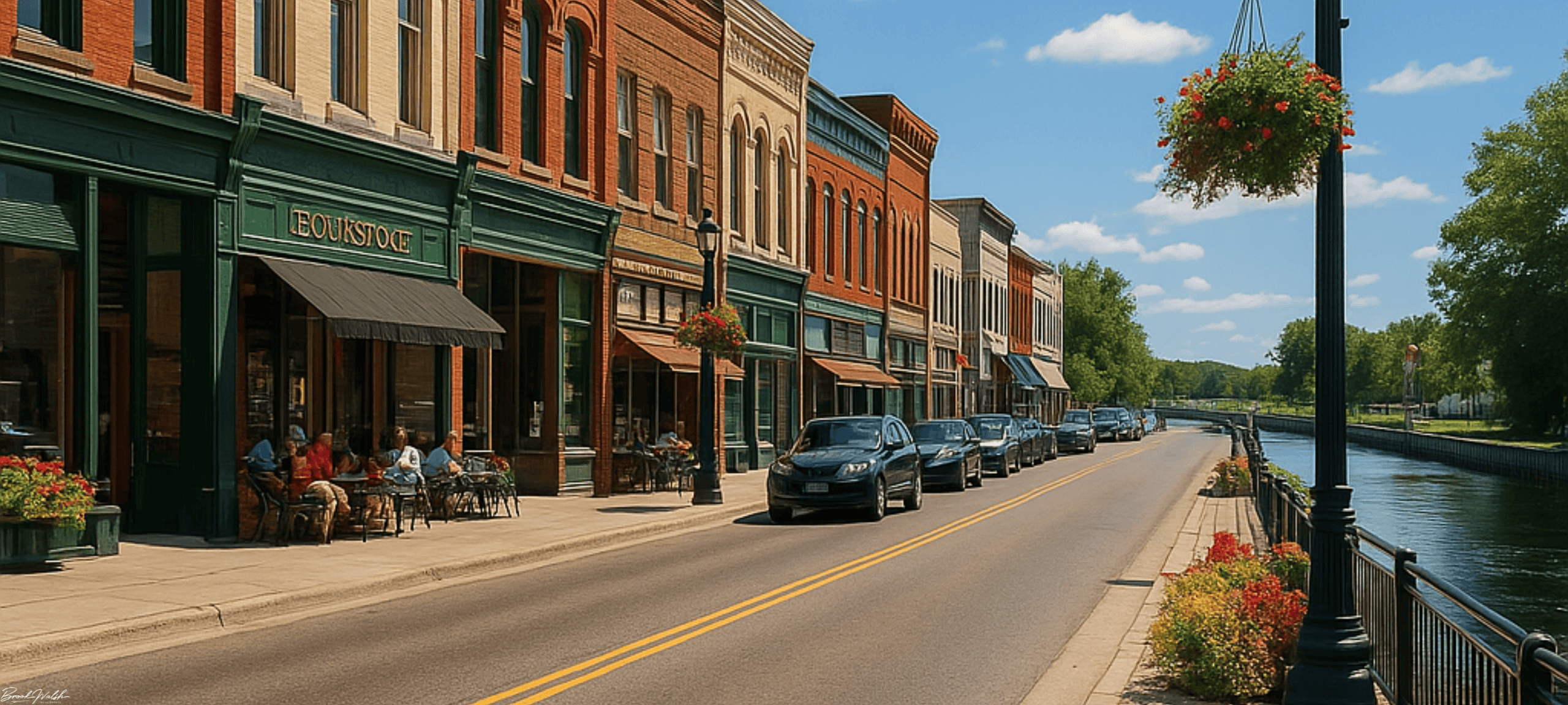 Scenic view of Downtown Cadillac, Michigan with shops, cafes, and Lake Cadillac in the background