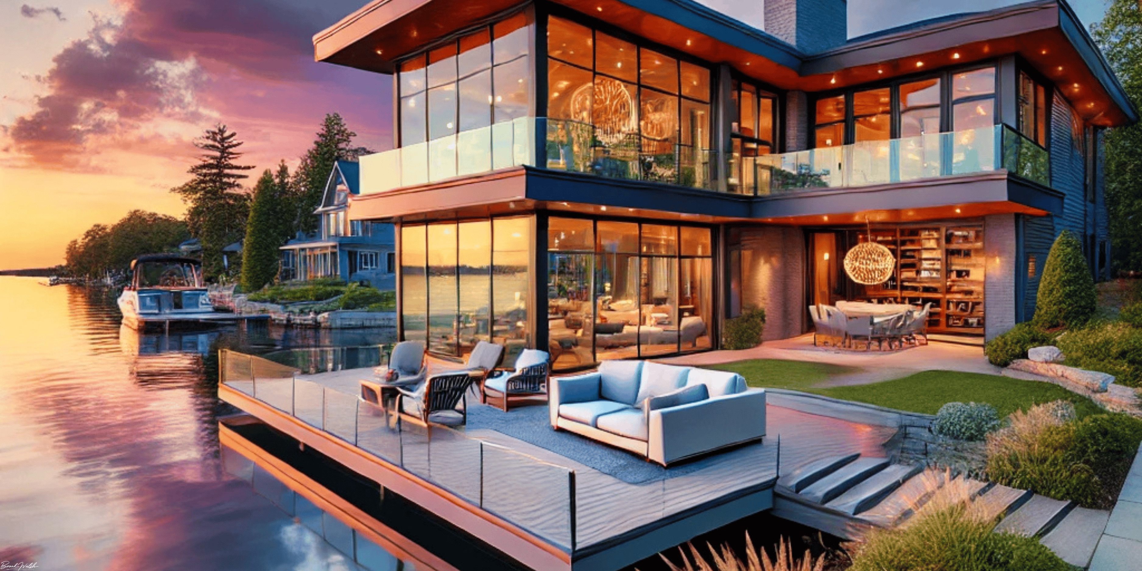 Lakefront home in Michigan with dock, surrounded by trees, perfect for waterfront living
