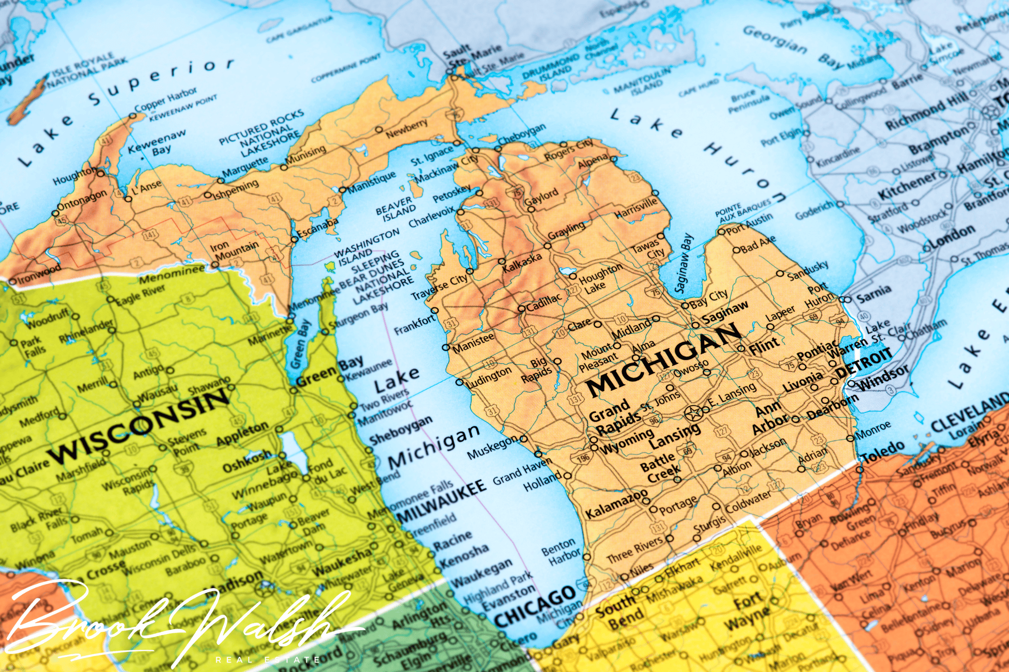Map showing travel route from Petoskey to Mackinac Island