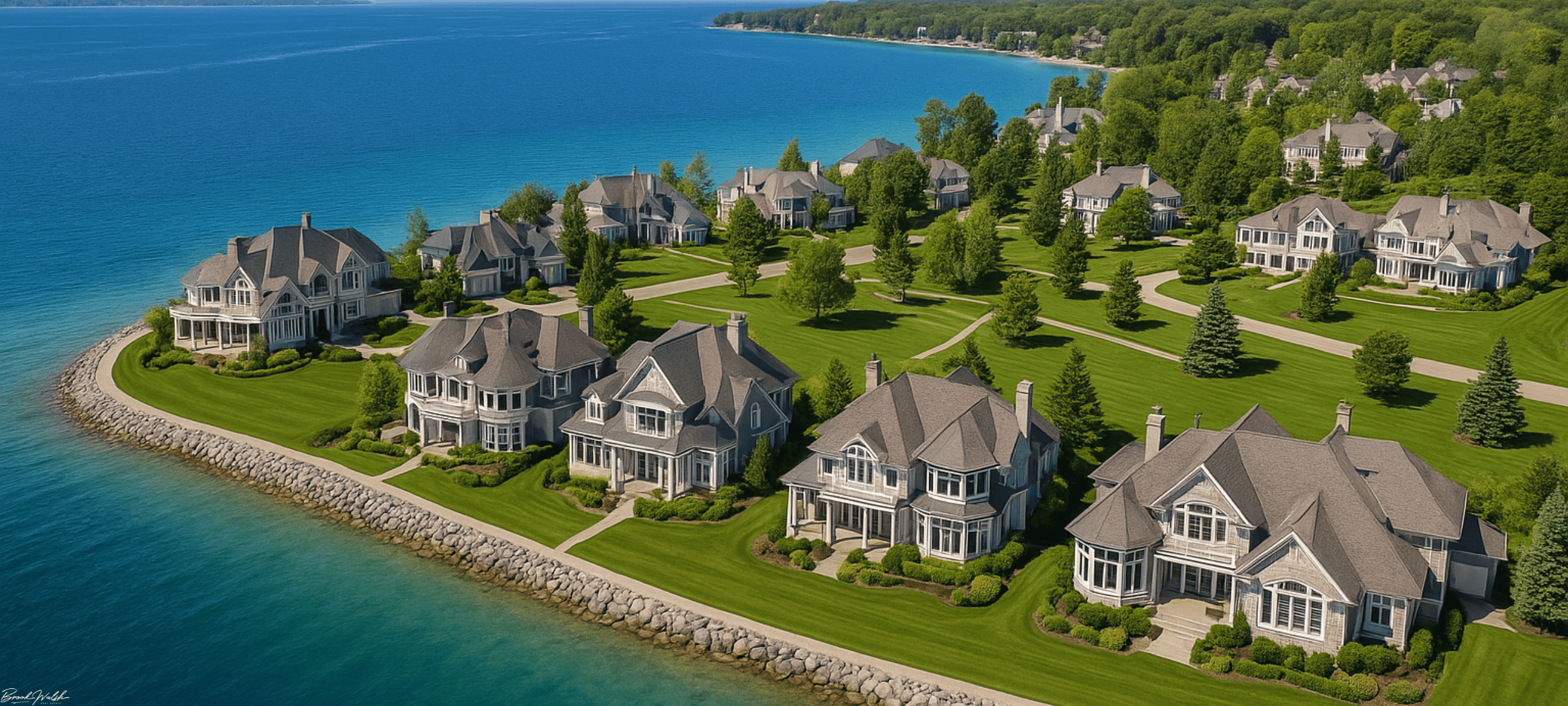 Aerial view of luxury homes along the Bay Harbor waterfront