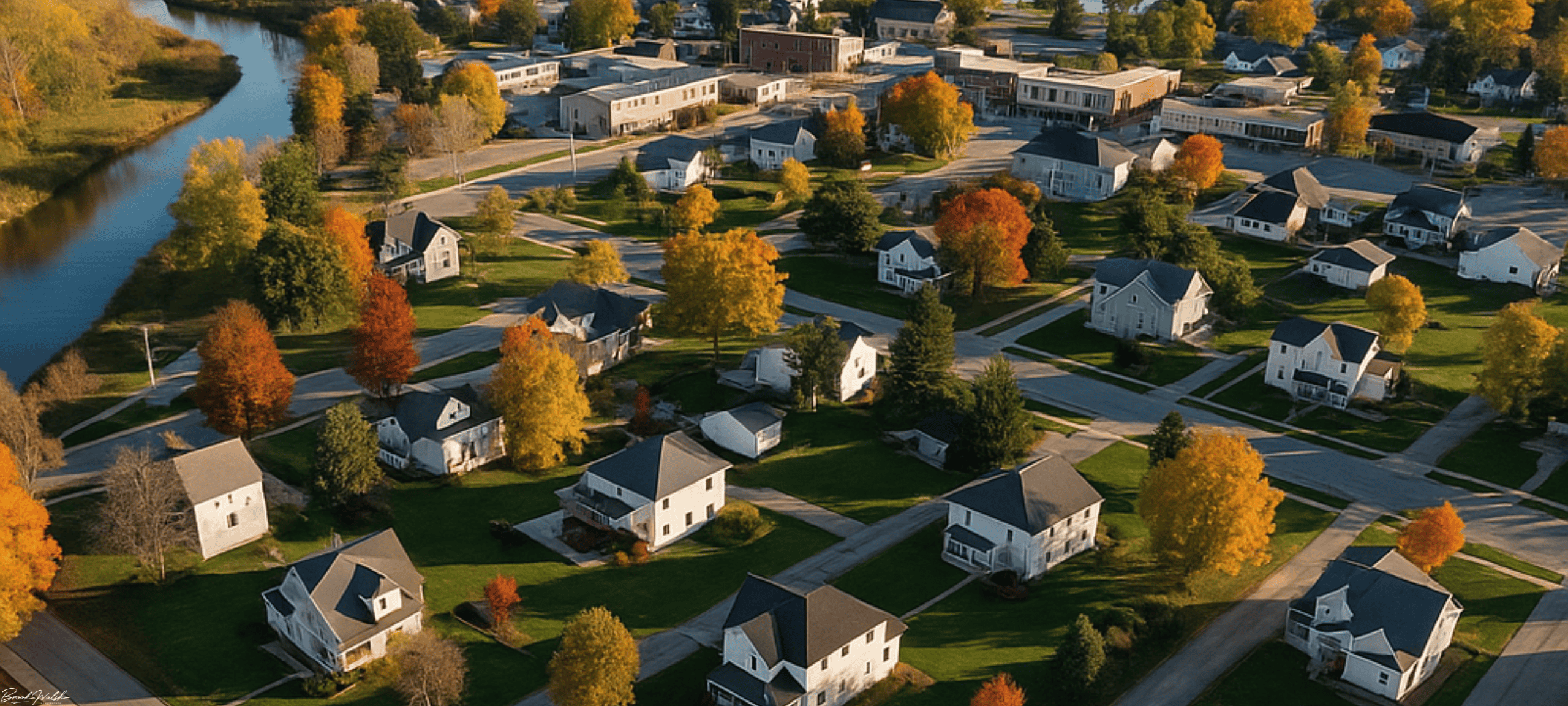 Aerial view of homes in Downtown East Jordan, Michigan