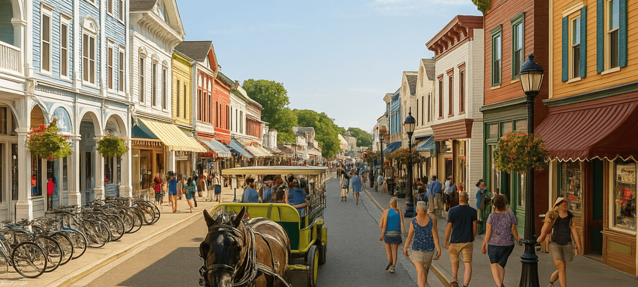 Horse-drawn carriage passing colorful shops in Downtown Mackinac Island