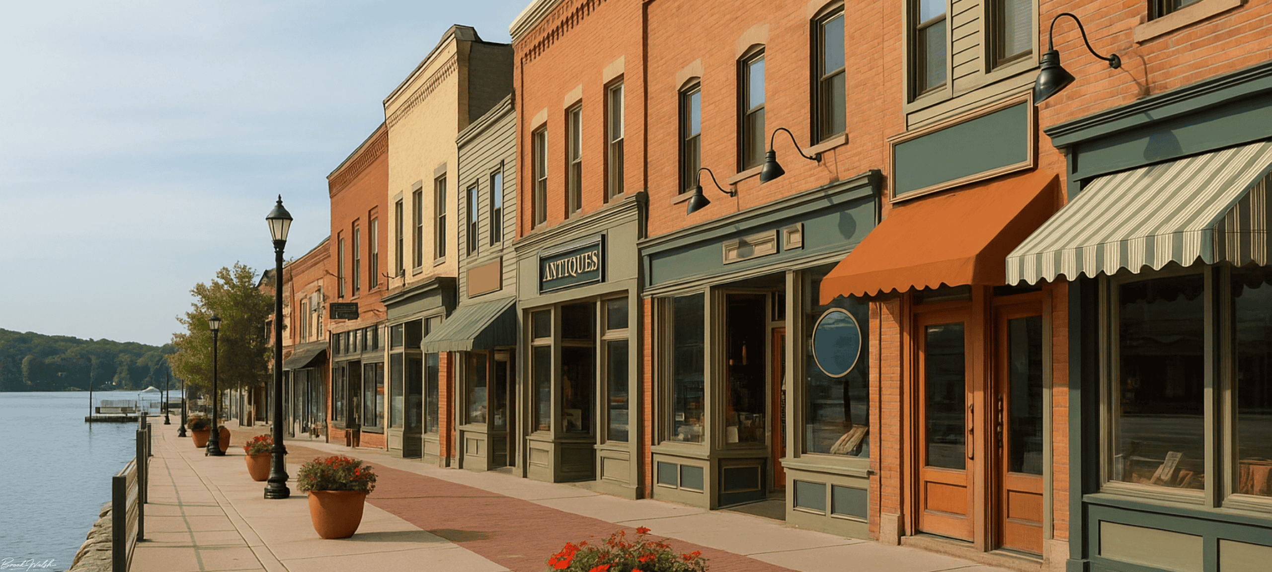 Downtown East Jordan, MI commercial buildings along Lake Charlevoix with storefronts and signage.