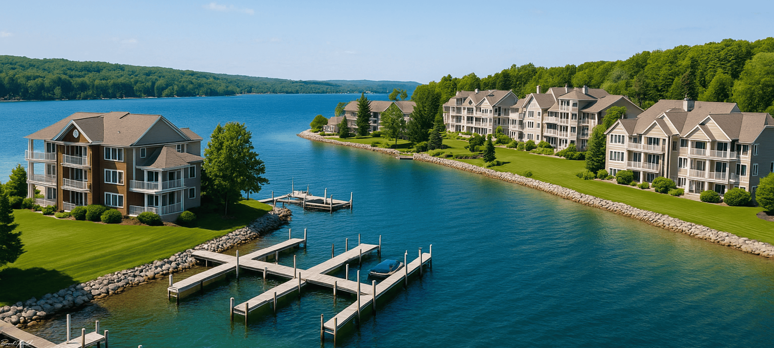 East Jordan Lake Charlevoix waterfront condominiums with private docks and scenic lake views